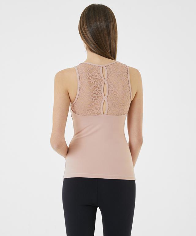 A stylish Back Slit Race Top featuring floral lace and breathable mesh fabric, perfect for workouts and casual wear.