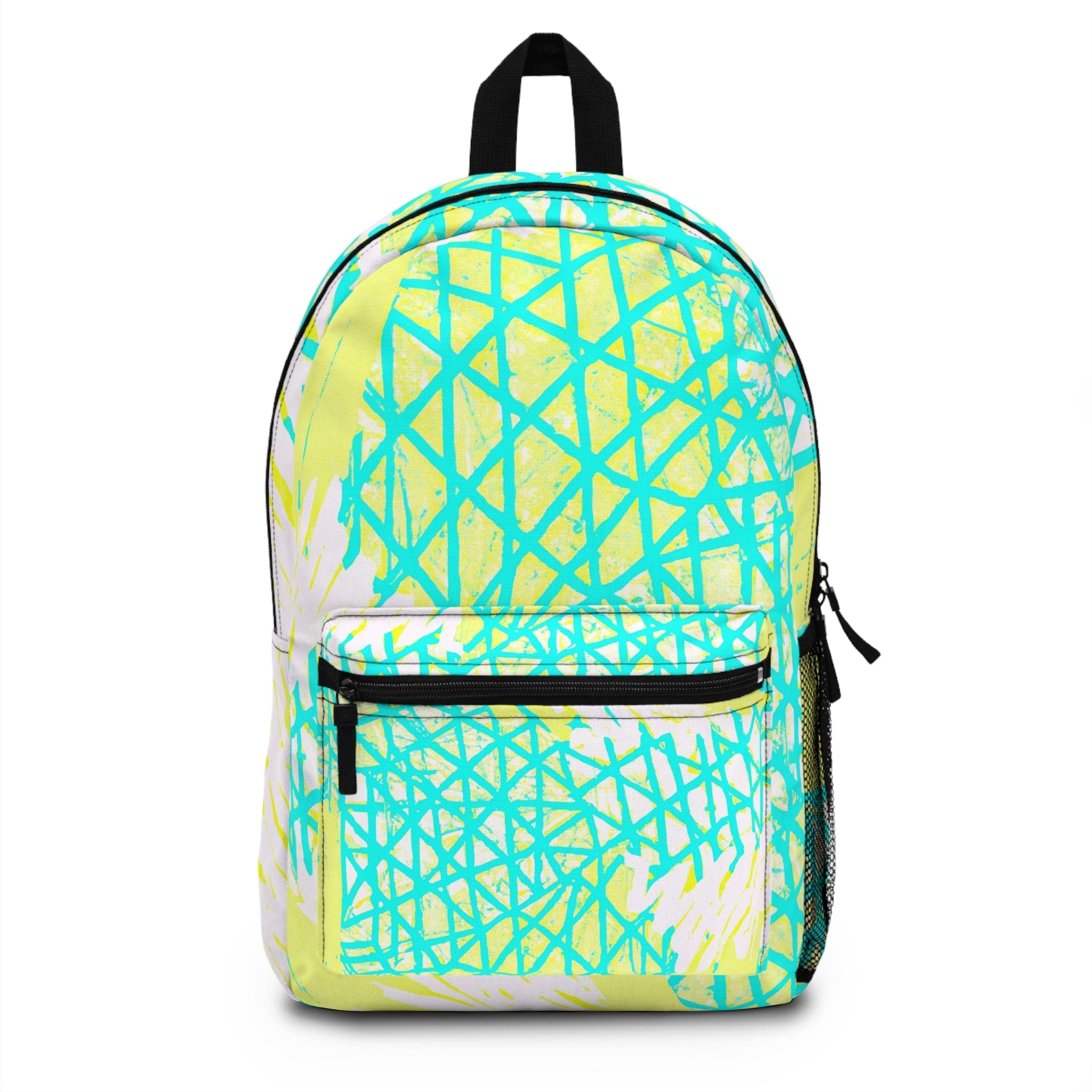 Large water-resistant backpack in cyan blue, lime green, and white, featuring adjustable straps and a trendy canvas design, perfect for urban adventures.