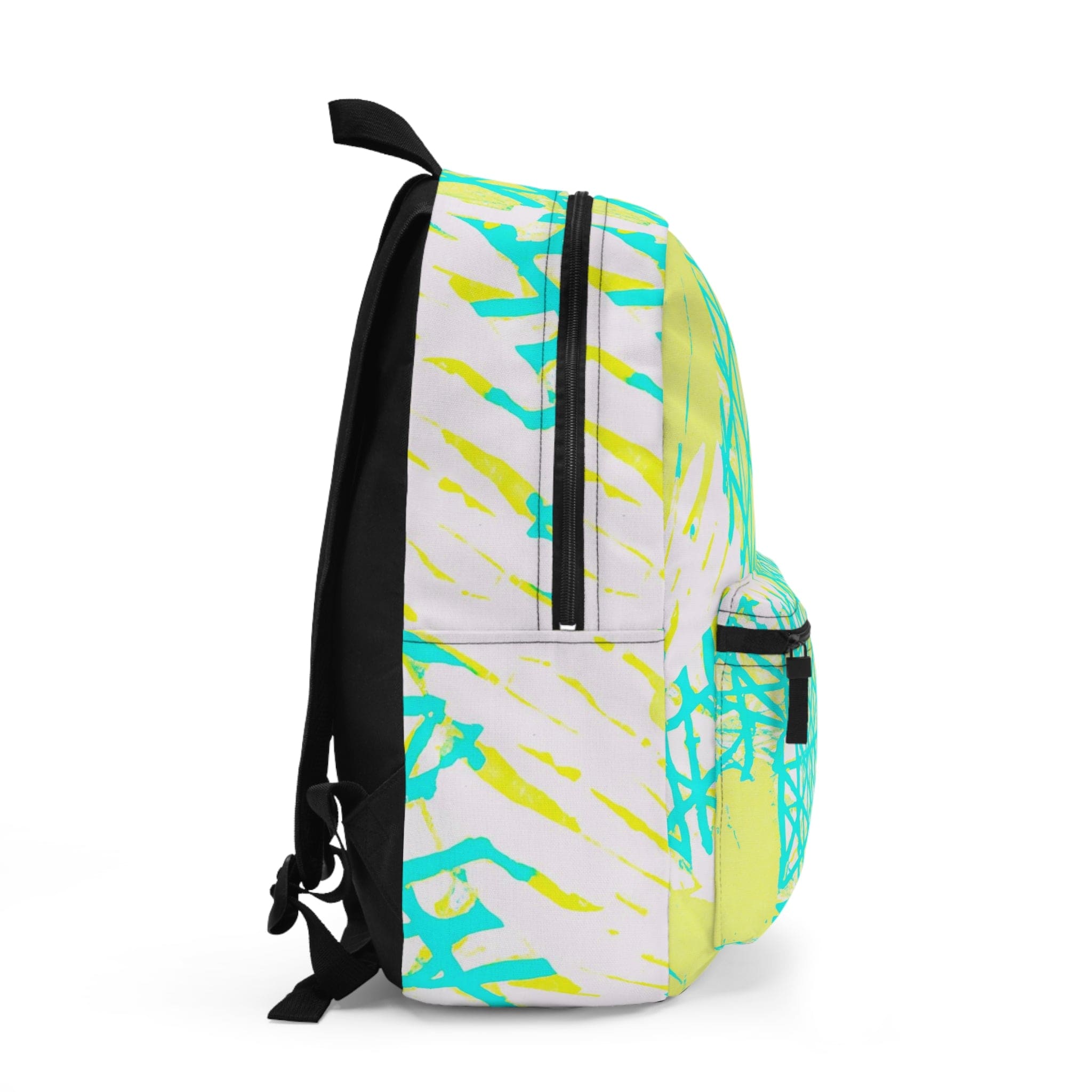 Large water-resistant backpack in cyan blue, lime green, and white, featuring adjustable straps and a trendy canvas design, perfect for urban adventures.