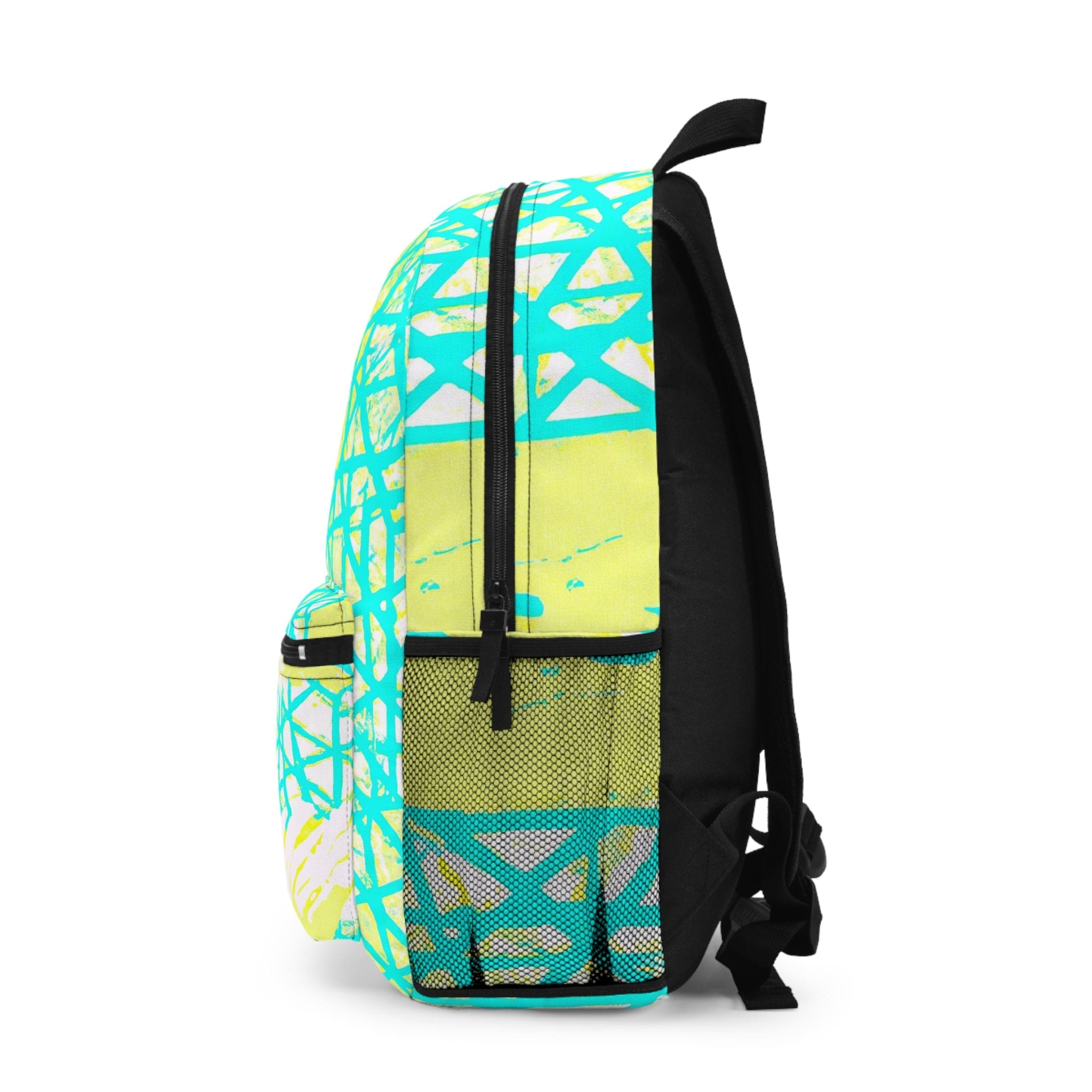 Large water-resistant backpack in cyan blue, lime green, and white, featuring adjustable straps and a trendy canvas design, perfect for urban adventures.