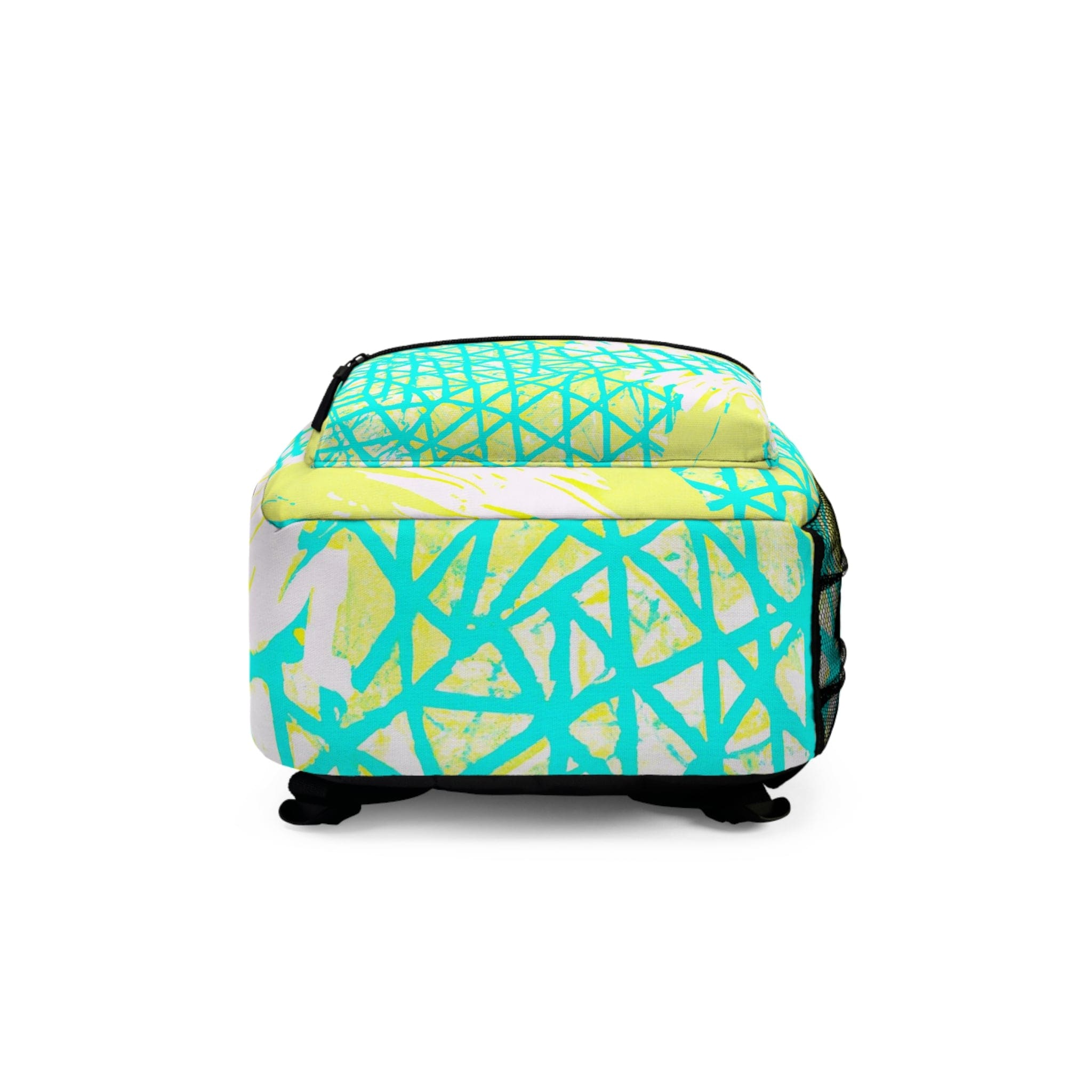 Large water-resistant backpack in cyan blue, lime green, and white, featuring adjustable straps and a trendy canvas design, perfect for urban adventures.