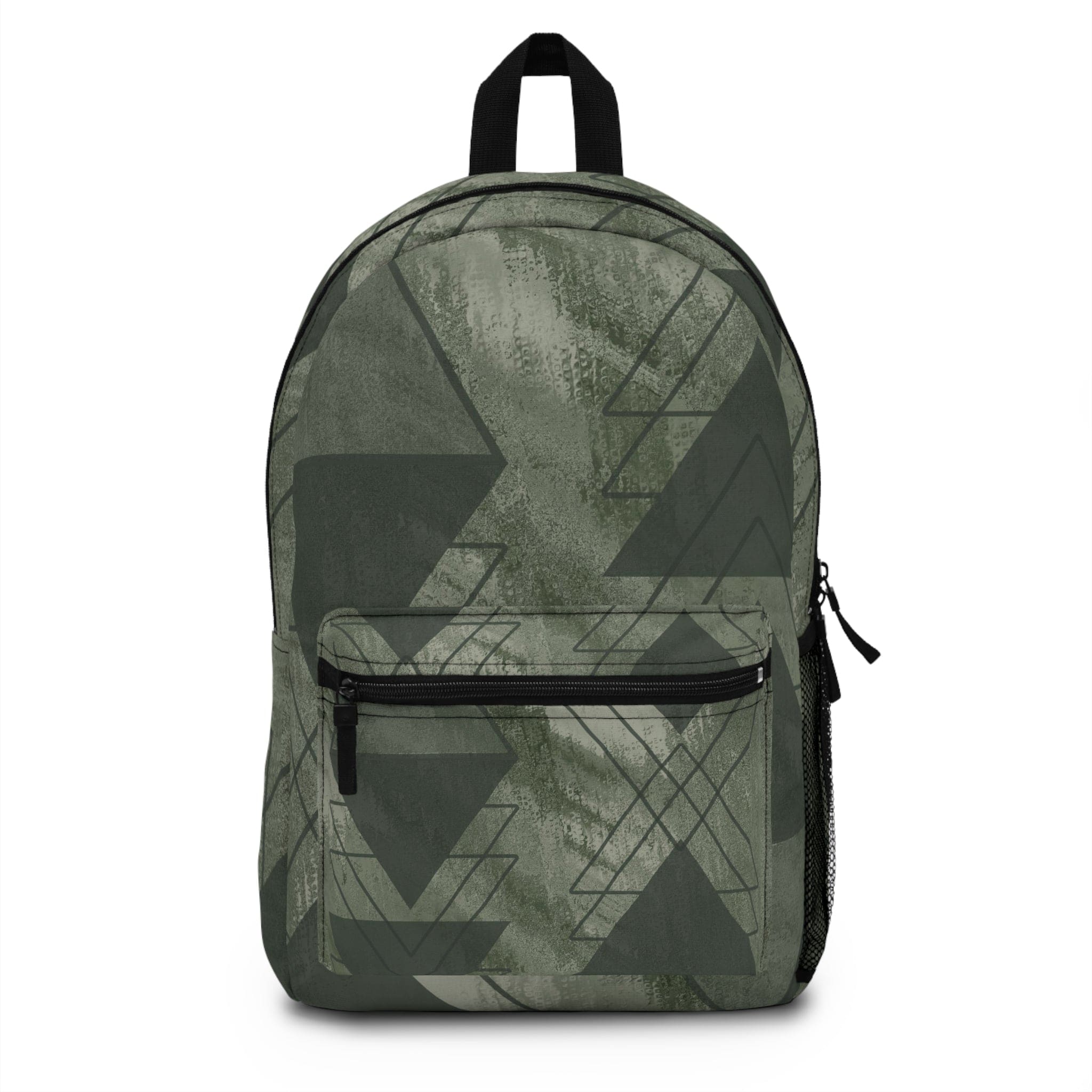 Large water-resistant backpack in olive green with triangular colorblock design, featuring adjustable straps and spacious interior.