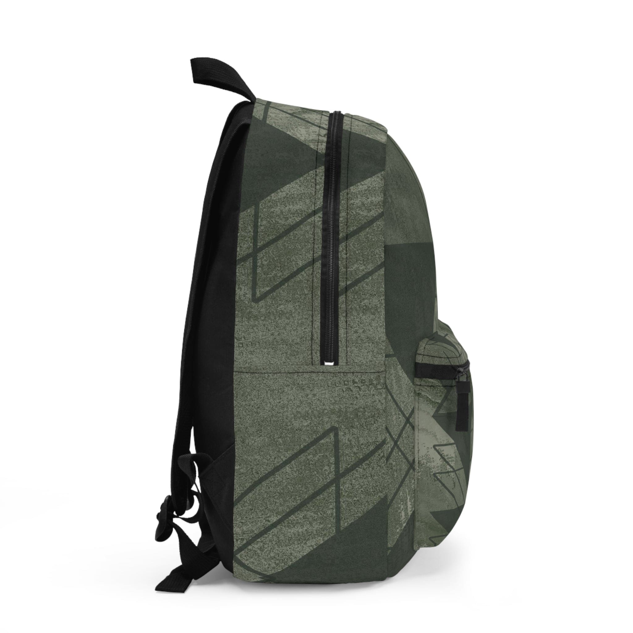 Large water-resistant backpack in olive green with triangular colorblock design, featuring adjustable straps and spacious interior.