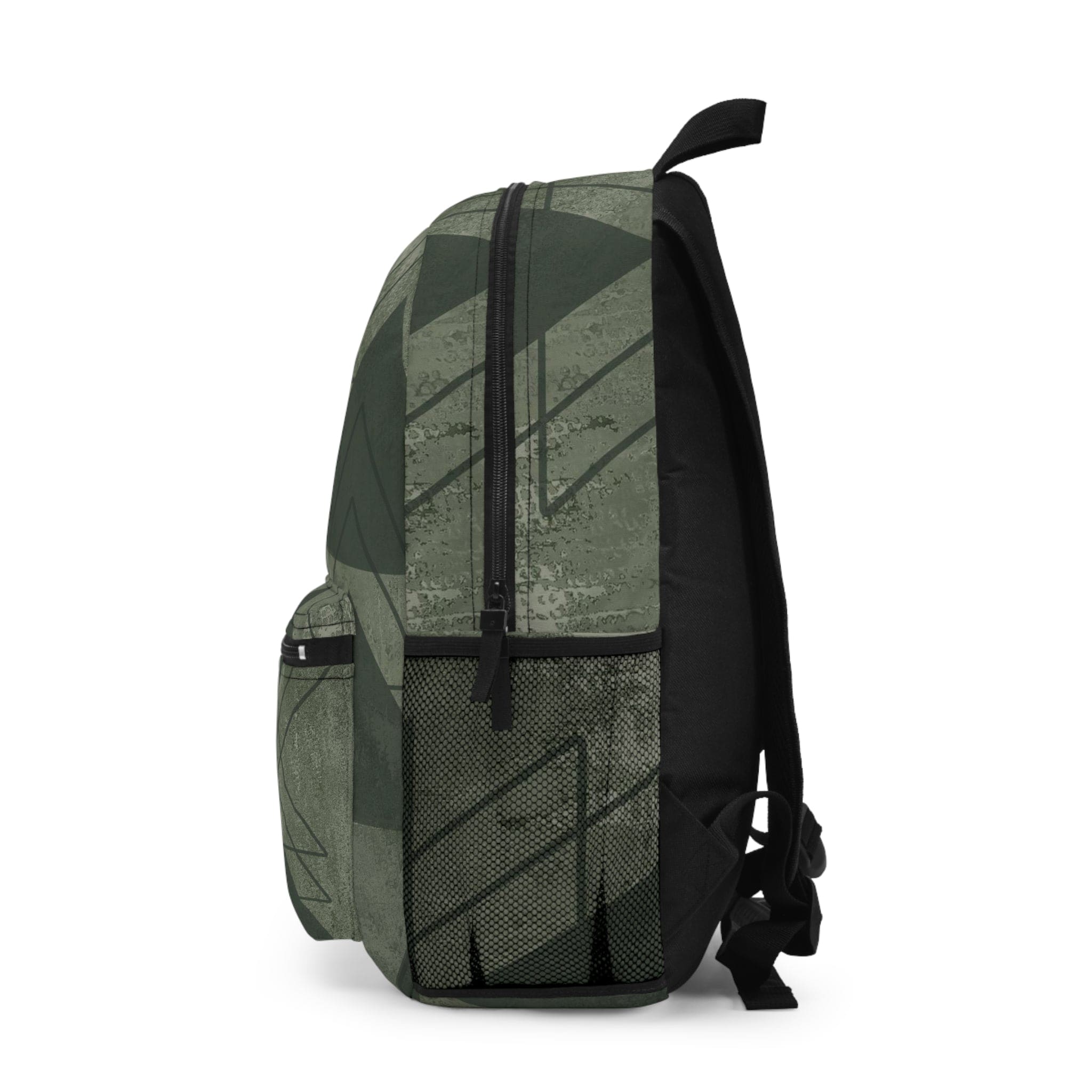 Large water-resistant backpack in olive green with triangular colorblock design, featuring adjustable straps and spacious interior.