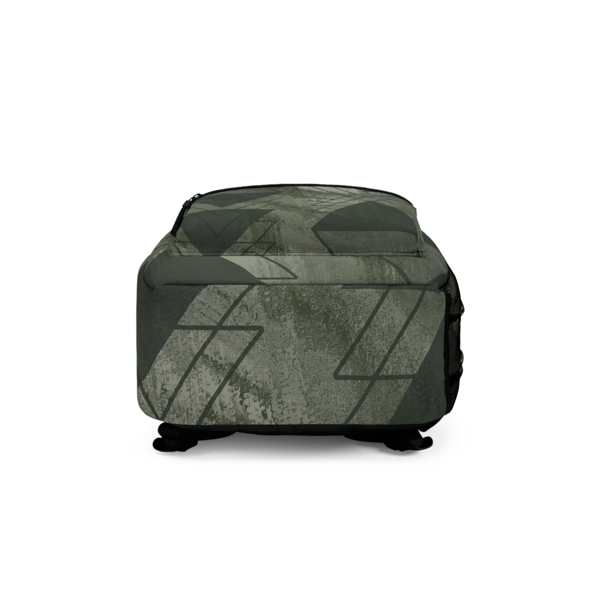 Large water-resistant backpack in olive green with triangular colorblock design, featuring adjustable straps and spacious interior.