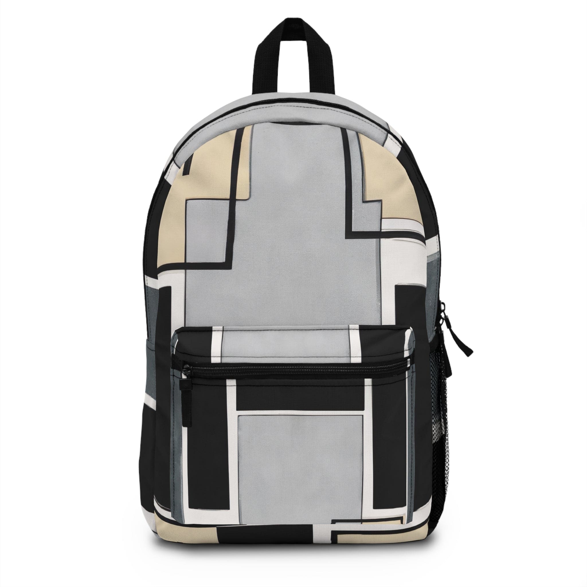 Stylish waterproof backpack in abstract black, grey, and brown design, perfect for work, school, and leisure activities.