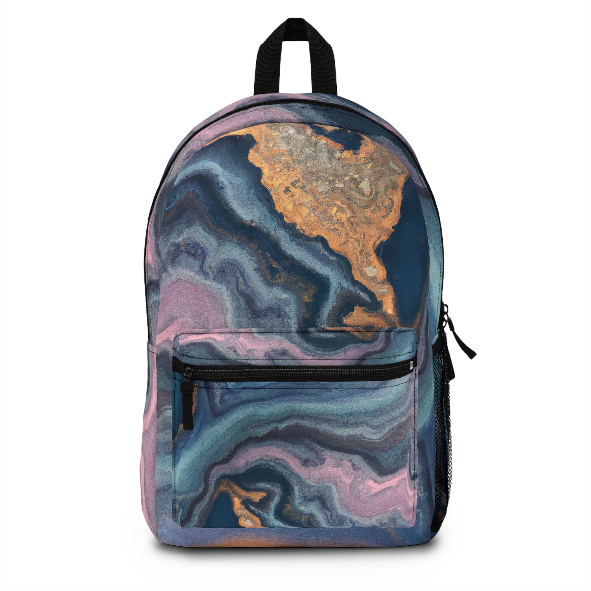 Fashionable waterproof backpack in blue, pink, and gold abstract mar design, perfect for school, work, and leisure activities.