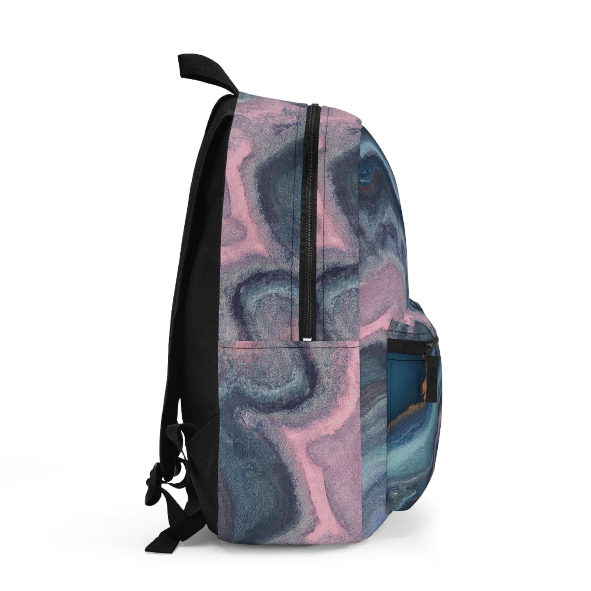 Fashionable waterproof backpack in blue, pink, and gold abstract mar design, perfect for school, work, and leisure activities.