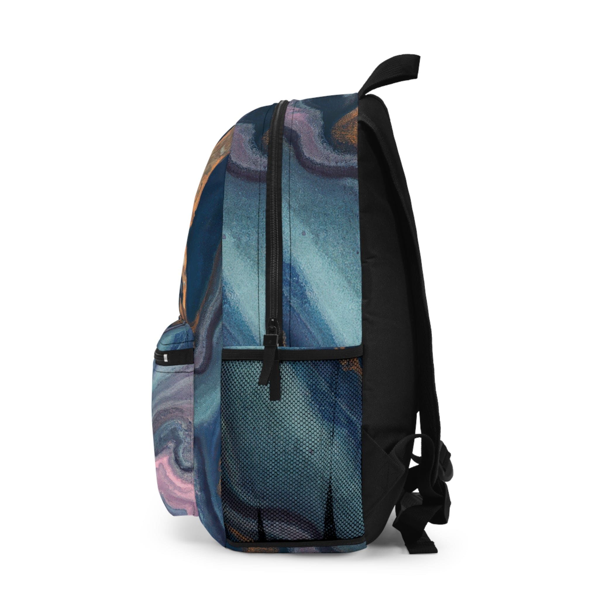 Fashionable waterproof backpack in blue, pink, and gold abstract mar design, perfect for school, work, and leisure activities.