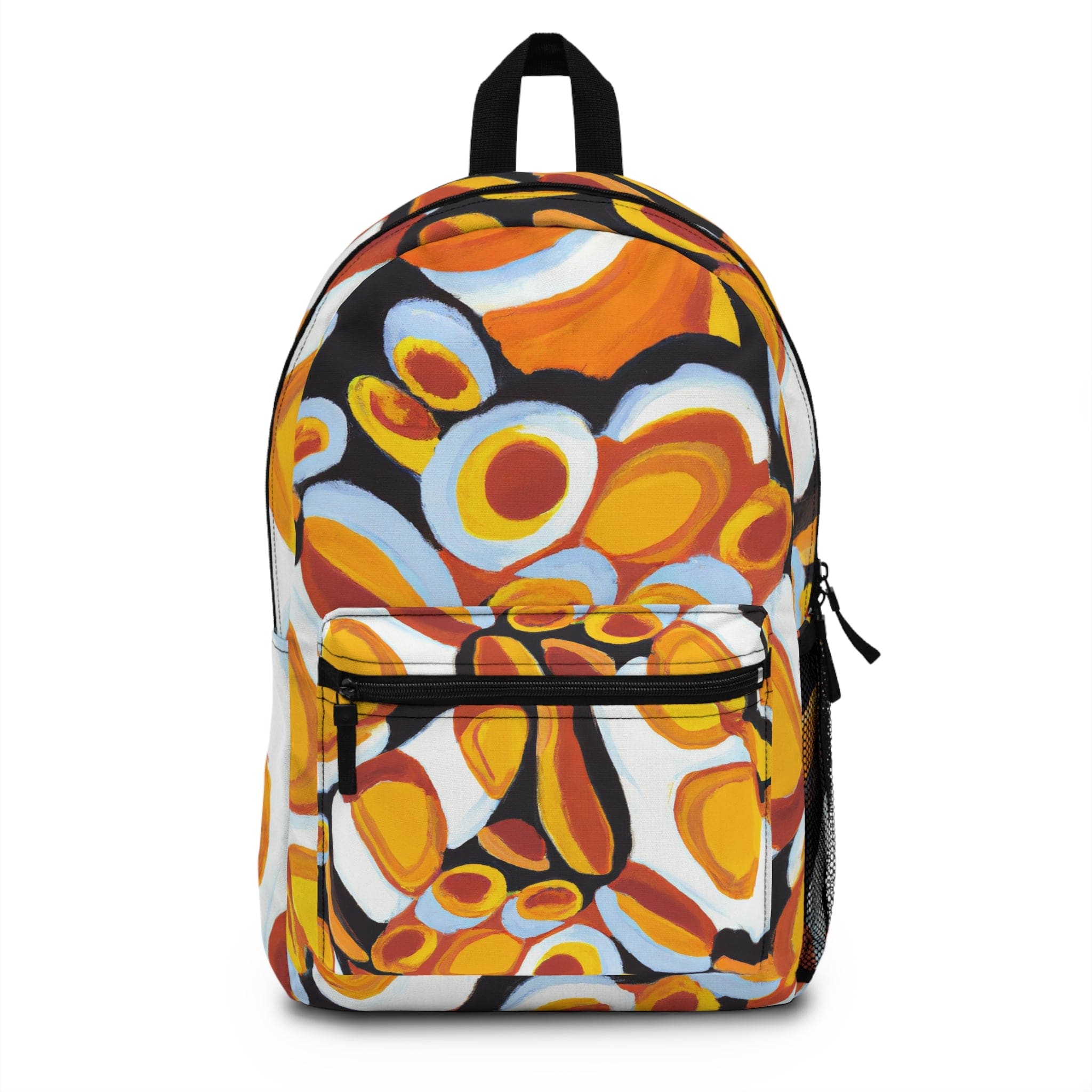 Stylish waterproof backpack in orange, black, and white geometric design, perfect for school, work, and leisure activities.