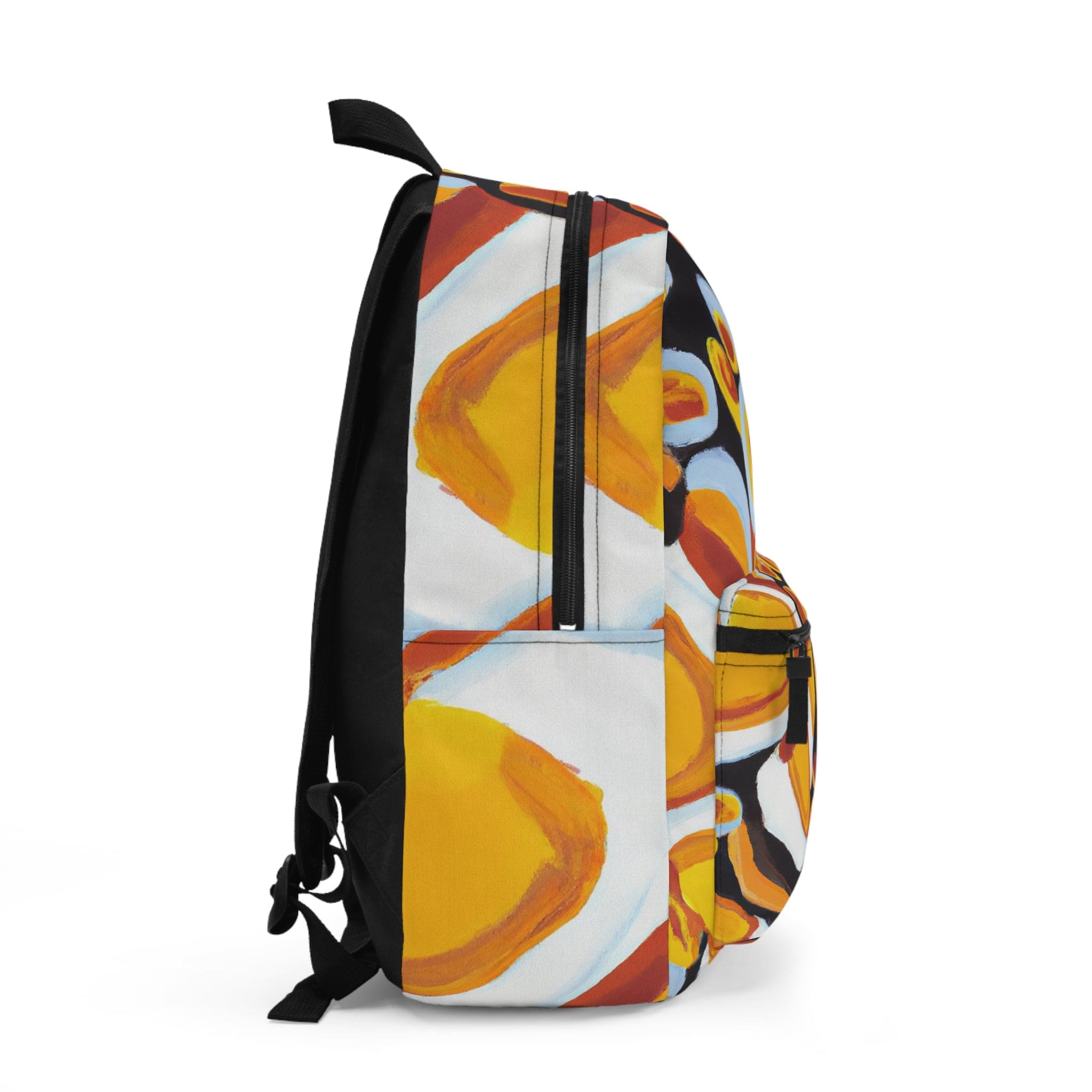 Stylish waterproof backpack in orange, black, and white geometric design, perfect for school, work, and leisure activities.