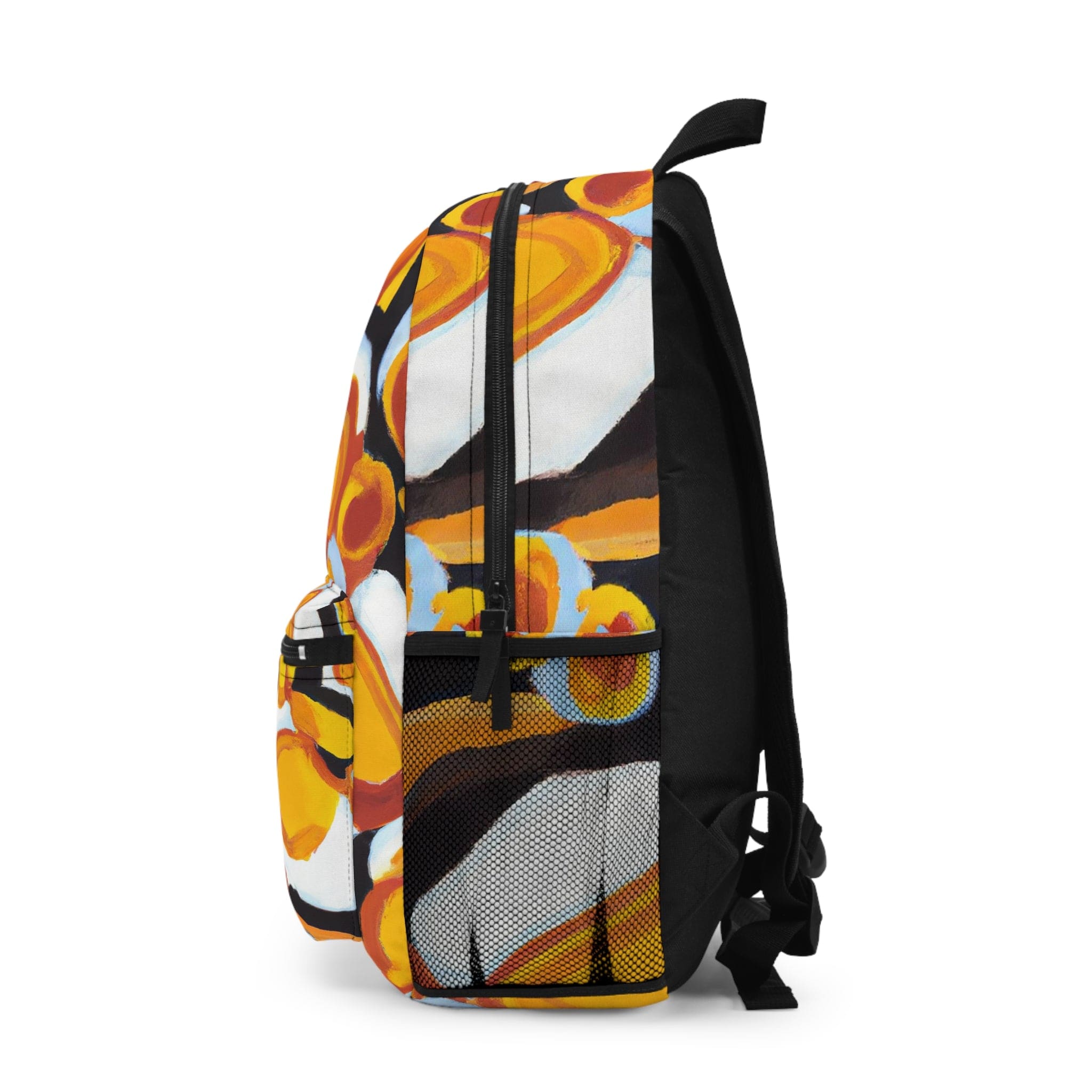 Stylish waterproof backpack in orange, black, and white geometric design, perfect for school, work, and leisure activities.