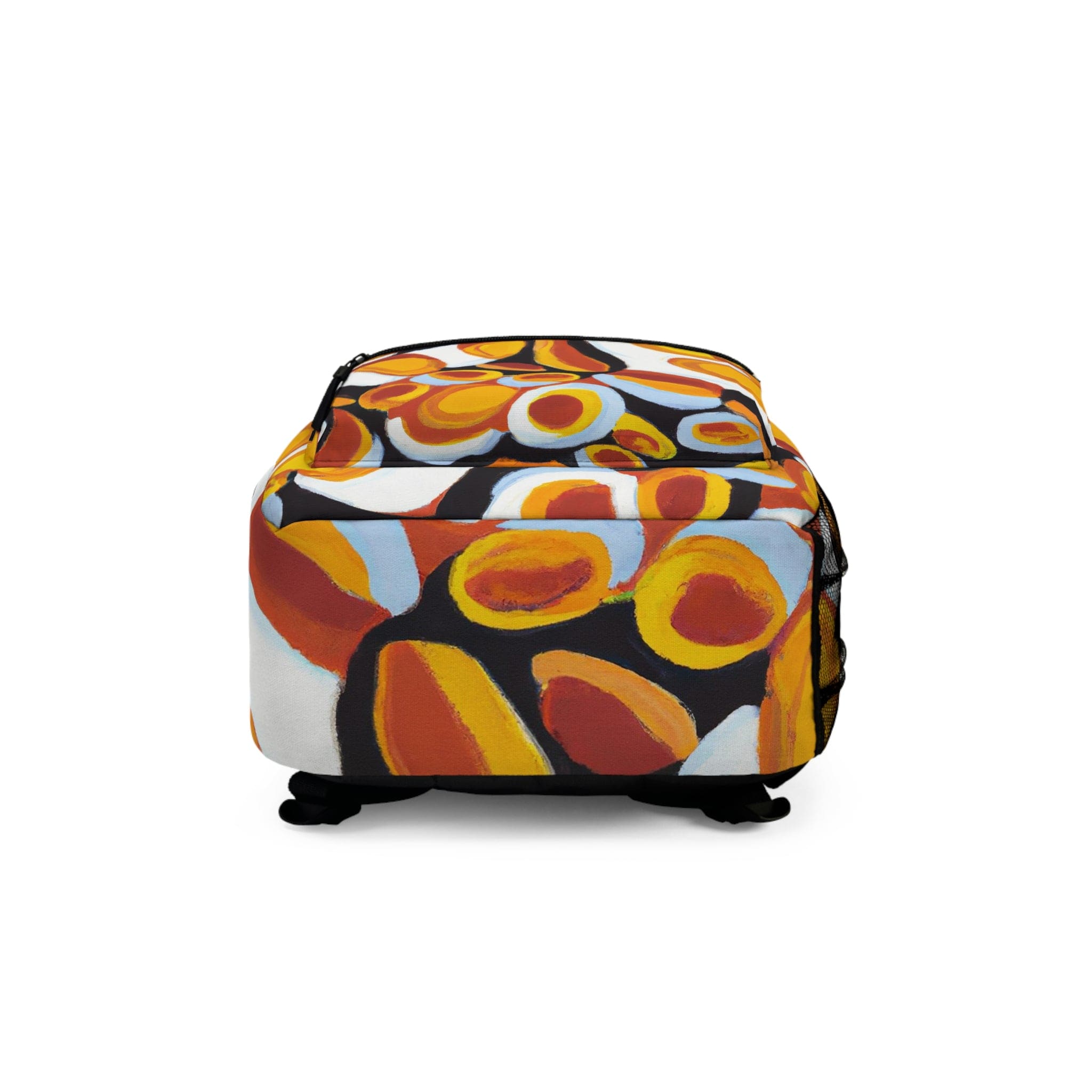 Stylish waterproof backpack in orange, black, and white geometric design, perfect for school, work, and leisure activities.