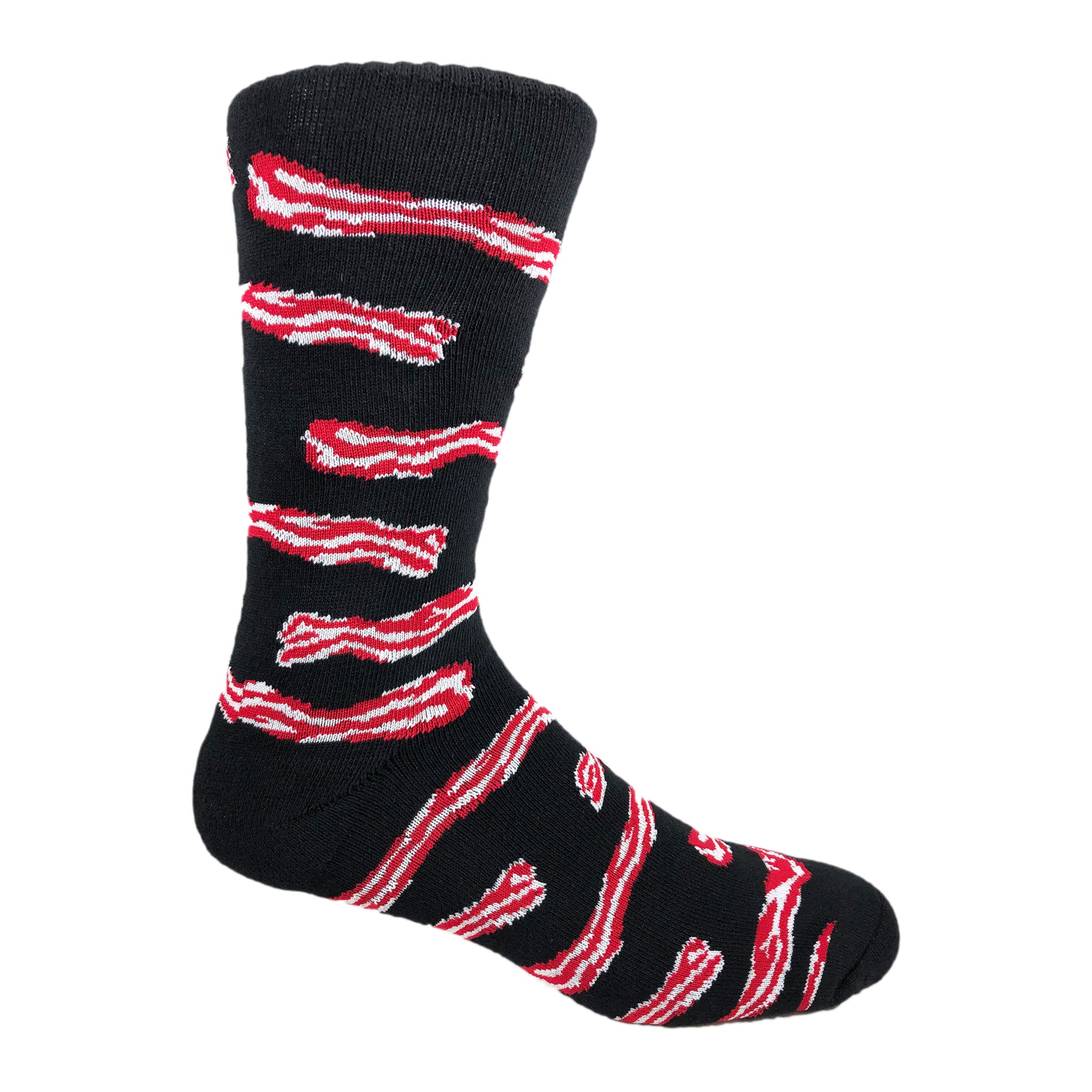 Black crew socks featuring a vibrant bacon design, perfect for bacon lovers.