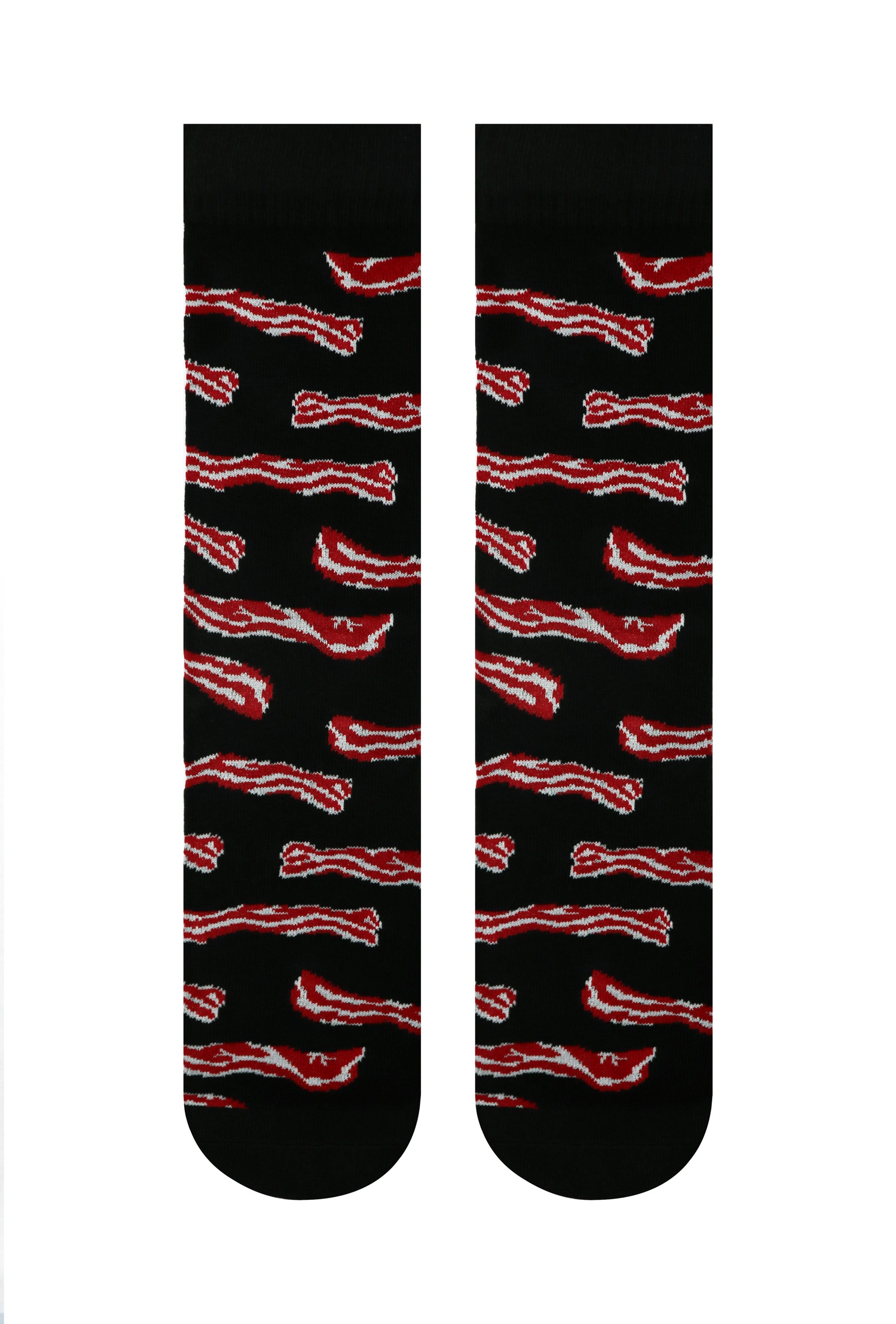 Black crew socks featuring a vibrant bacon design, perfect for bacon lovers.