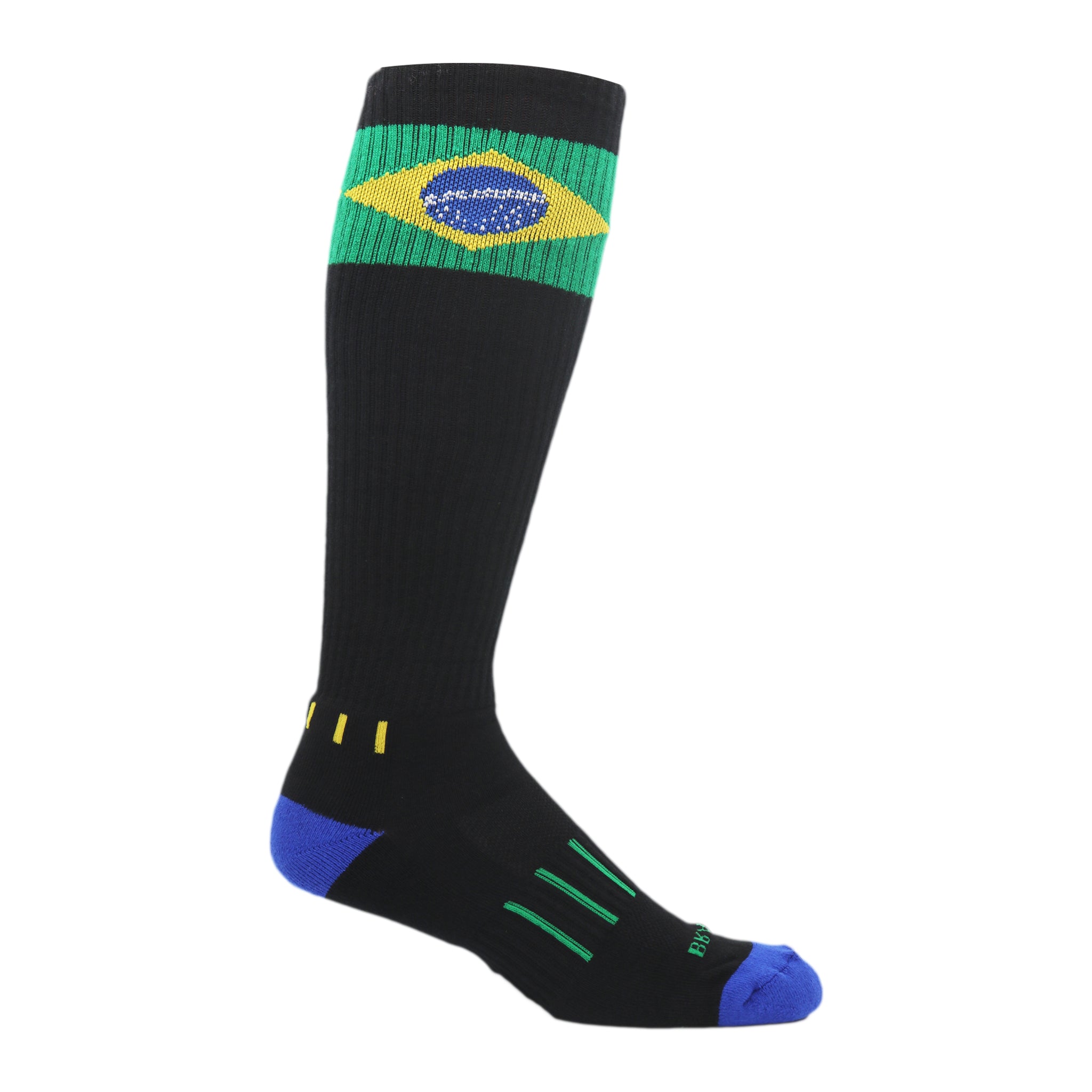 Bad Ass Brazil Knee High Socks featuring the vibrant Brazilian flag design in black, green, and blue colors, perfect for athletes.