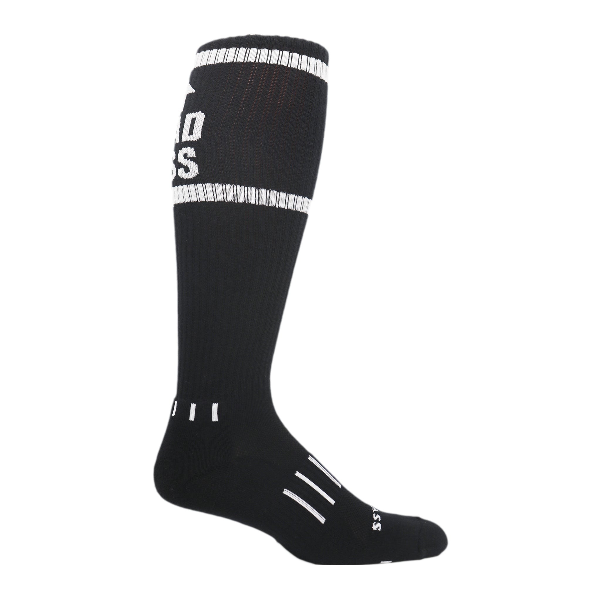 A pair of stylish Bad Ass Knee High Socks featuring black, grey, and white colors with stripes and upward arrows, perfect for gym workouts.