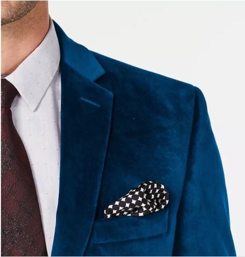 Bar III Velvet Slim-Fit Sport Coat showcasing a luxurious sheen, notch lapel, and tailored fit, perfect for formal occasions.