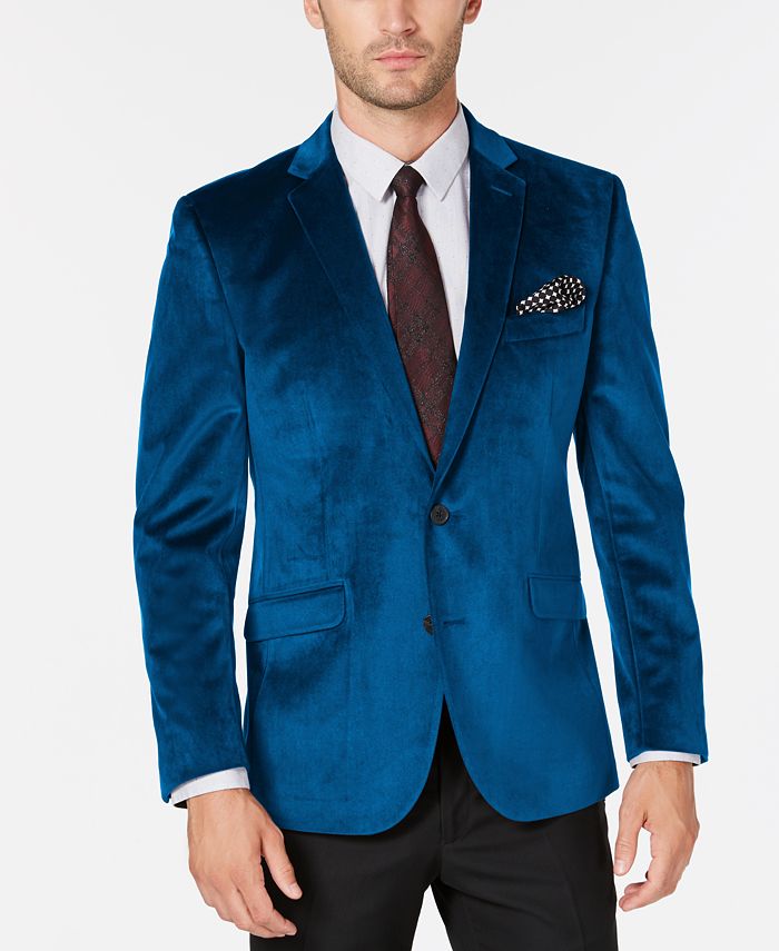 Bar III Velvet Slim-Fit Sport Coat showcasing a luxurious sheen, notch lapel, and tailored fit, perfect for formal occasions.