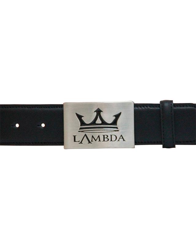 Bari Black genuine leather belt with square metal buckle and Lambda embossed logo, handmade in Portugal.