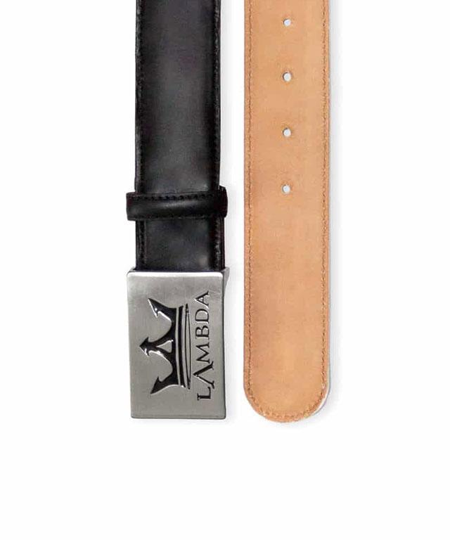 Bari Black genuine leather belt with square metal buckle and Lambda embossed logo, handmade in Portugal.