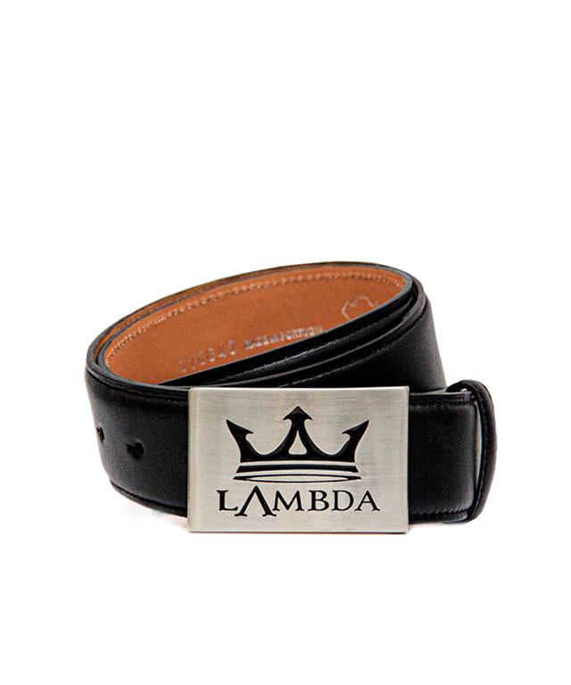 Bari Black genuine leather belt with square metal buckle and Lambda embossed logo, handmade in Portugal.