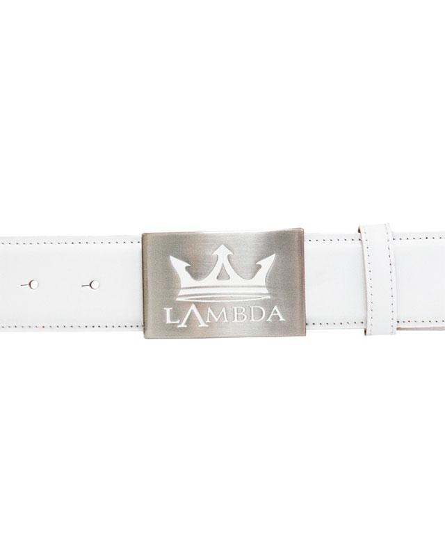 Bari White genuine leather belt with square metal buckle and embossed logo, showcasing its elegant design and craftsmanship.