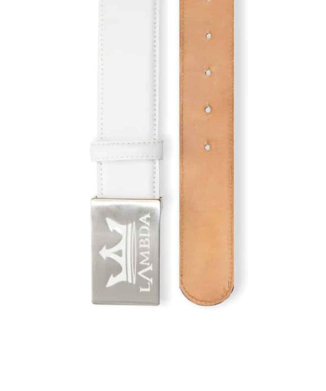 Bari White genuine leather belt with square metal buckle and embossed logo, showcasing its elegant design and craftsmanship.