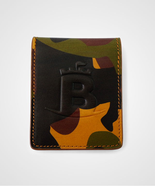 Baron Camouflage Money Clip in Yellow, featuring a sleek design and powerful magnet for secure cash and card storage.