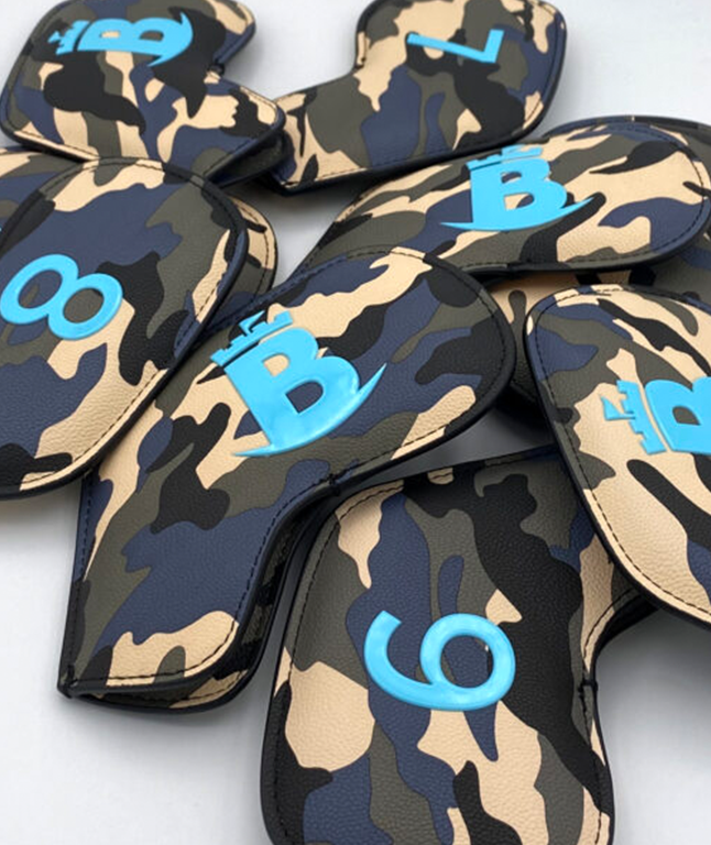 Baron Meraki Edition Iron Headcover in Camouflage Blue, showcasing a stylish design and durable synthetic leather material.