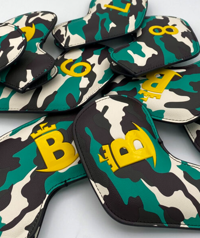 Baron Meraki Edition Iron Headcover in Camouflage Green, showcasing its unique design and synthetic leather material.