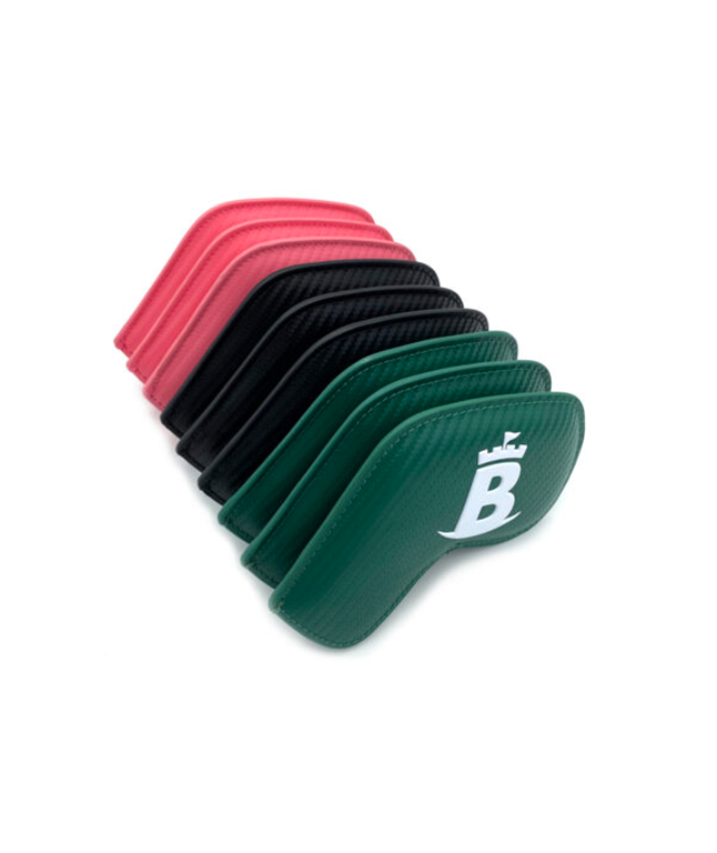 Baron Meraki Edition Iron Headcover in mixed colors: black, green, and pink, showcasing its stylish design and durable synthetic leather material.