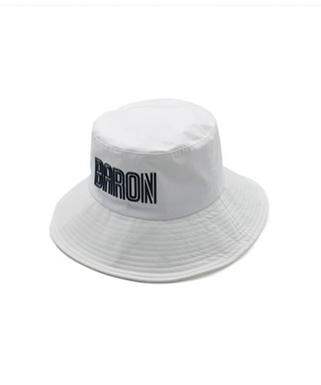 Baron X Steven Wilson Wide Bucket Hat in black and white, featuring unique typography and adjustable brim for custom styling.