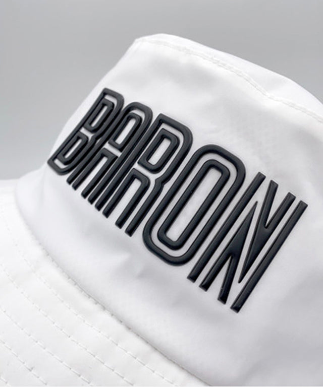 Baron X Steven Wilson Wide Bucket Hat in black and white, featuring unique typography and adjustable brim for custom styling.