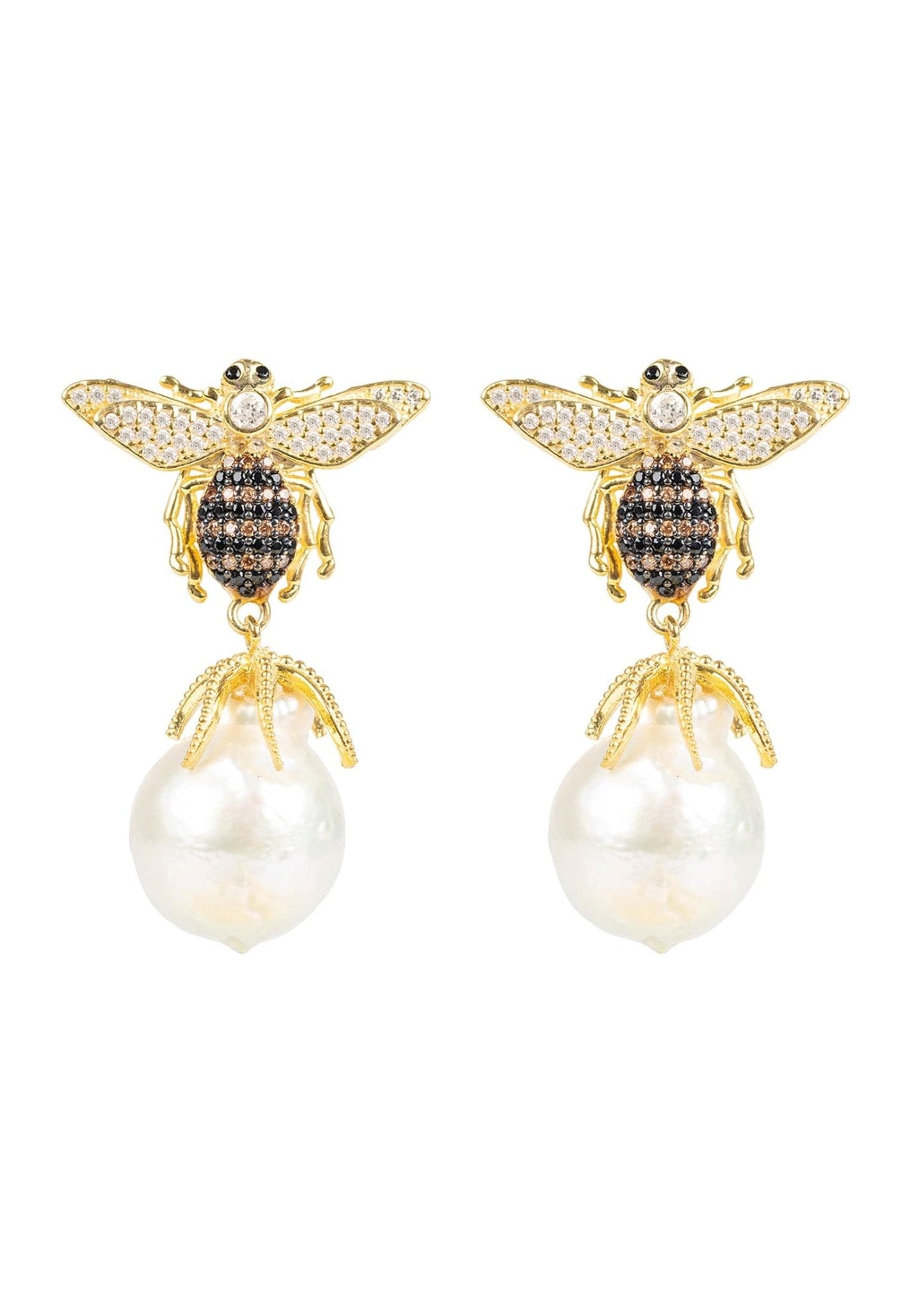 Baroque Pearl Honey Bee Drop Earrings in gold with cubic zirconia and natural baroque pearls, showcasing a unique bee design.