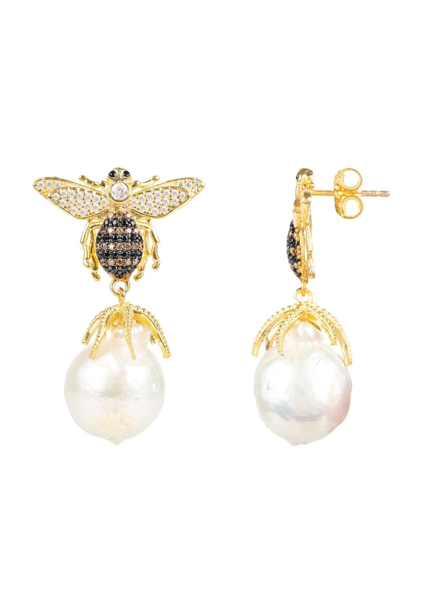 Baroque Pearl Honey Bee Drop Earrings in gold with cubic zirconia and natural baroque pearls, showcasing a unique bee design.