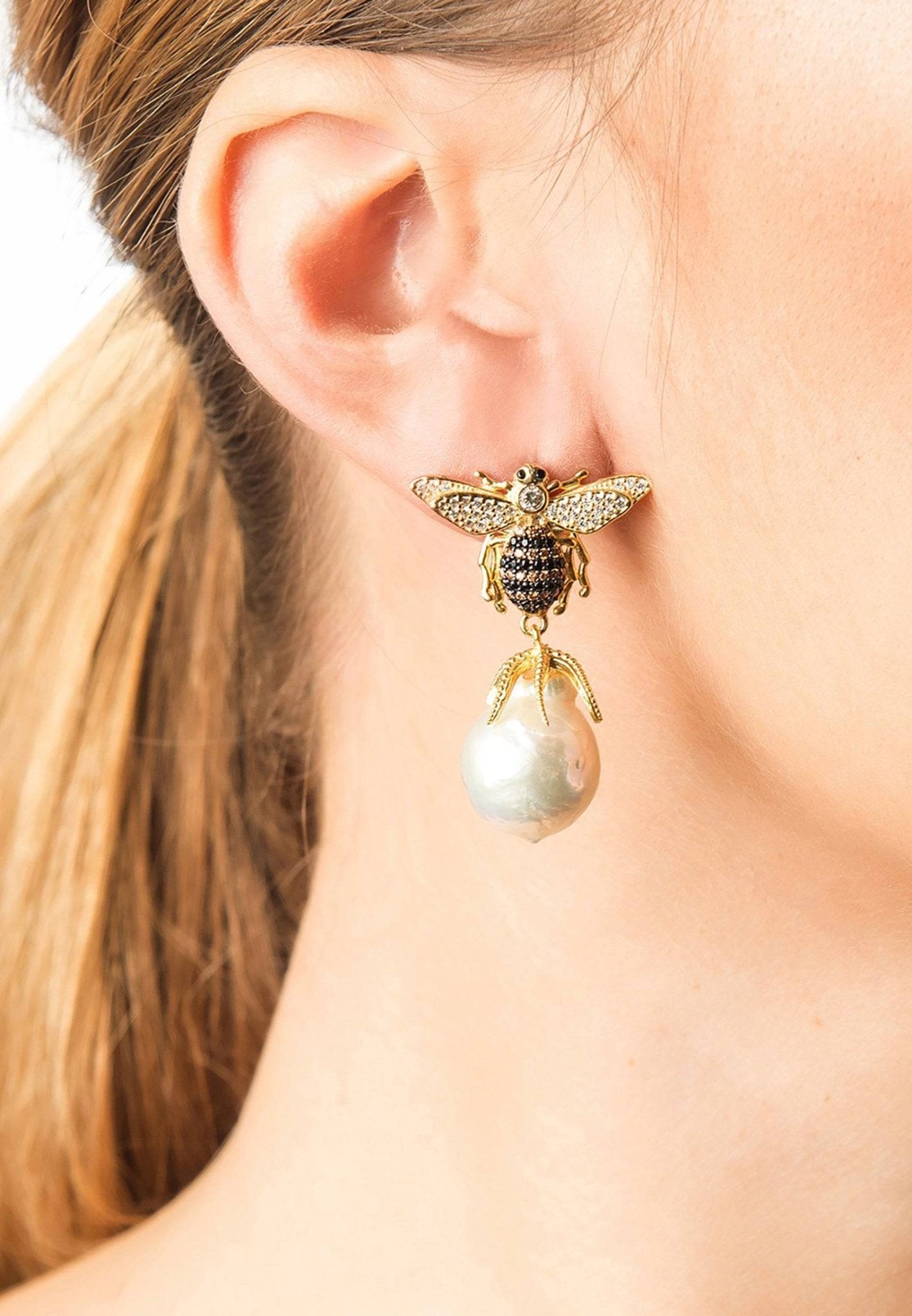 Baroque Pearl Honey Bee Drop Earrings in gold with cubic zirconia and natural baroque pearls, showcasing a unique bee design.