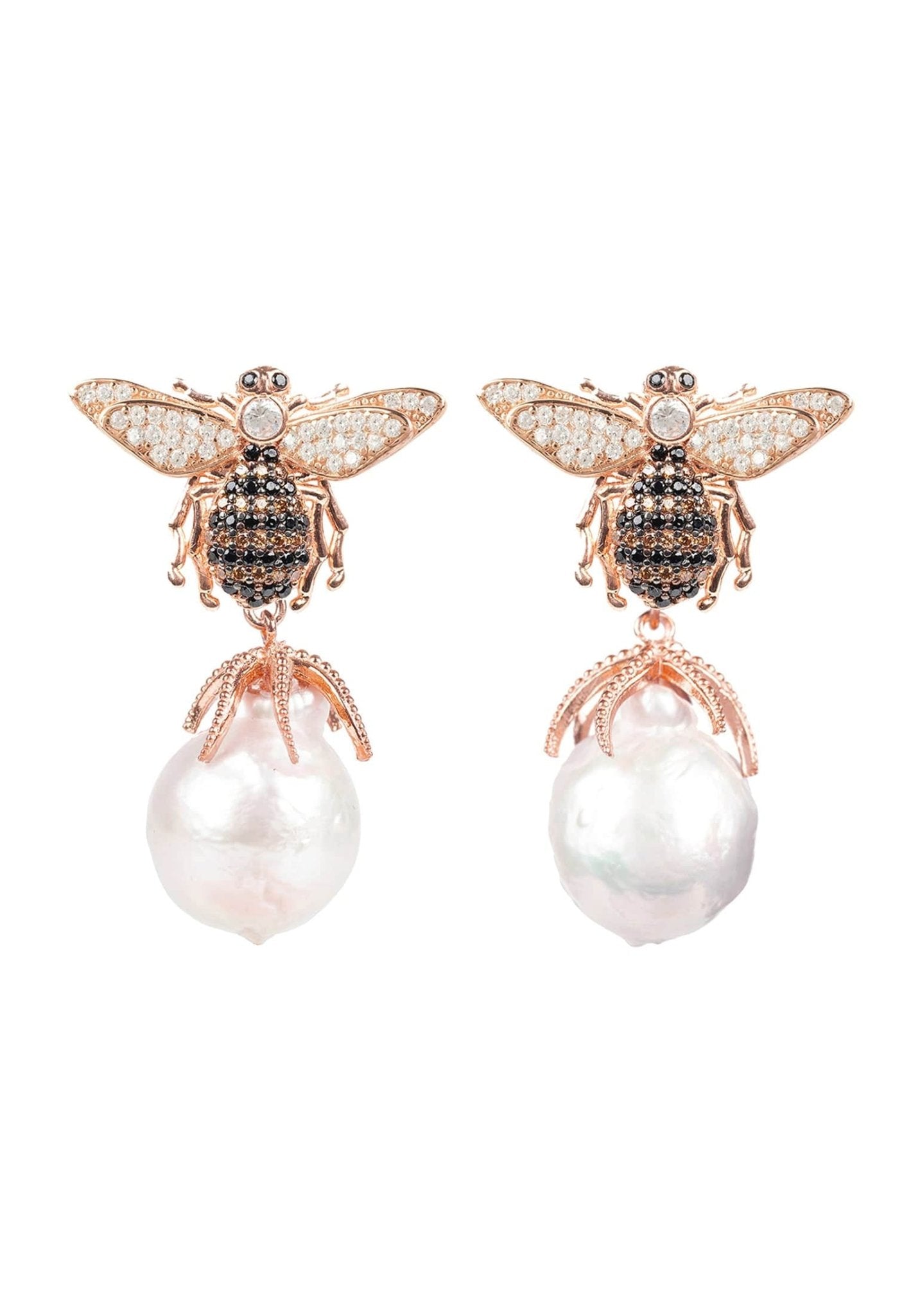 Baroque Pearl Honey Bee Drop Earrings in Rosegold featuring bee design with cubic zirconia and natural baroque pearls.