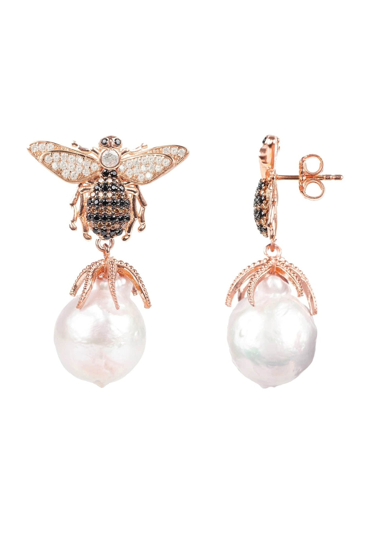 Baroque Pearl Honey Bee Drop Earrings in Rosegold featuring bee design with cubic zirconia and natural baroque pearls.