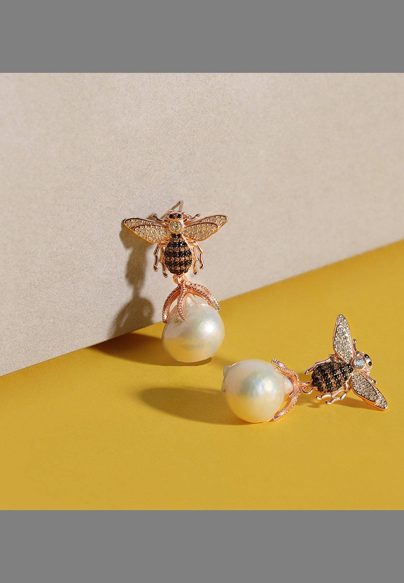 Baroque Pearl Honey Bee Drop Earrings in Rosegold featuring bee design with cubic zirconia and natural baroque pearls.