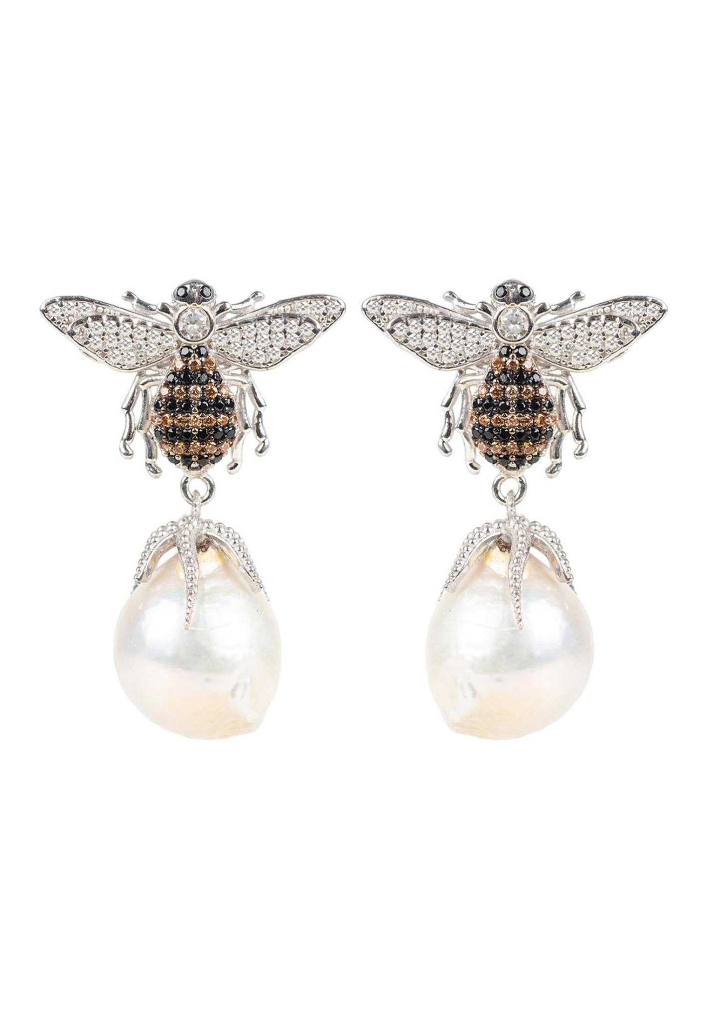 Baroque Pearl Honey Bee Drop Earrings in Silver featuring unique baroque pearls and cubic zirconia, showcasing a bee design.