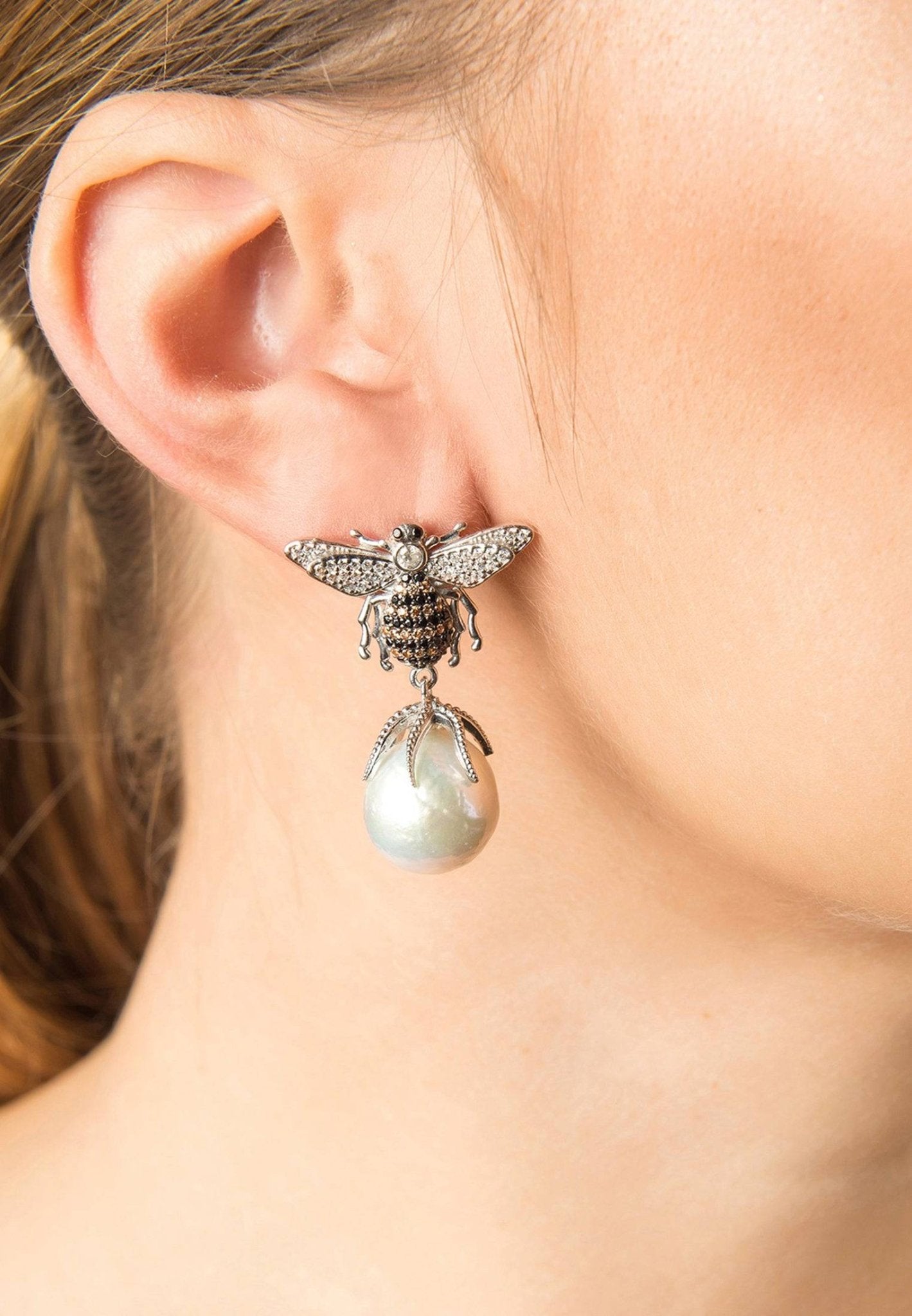 Baroque Pearl Honey Bee Drop Earrings in Silver featuring unique baroque pearls and cubic zirconia, showcasing a bee design.