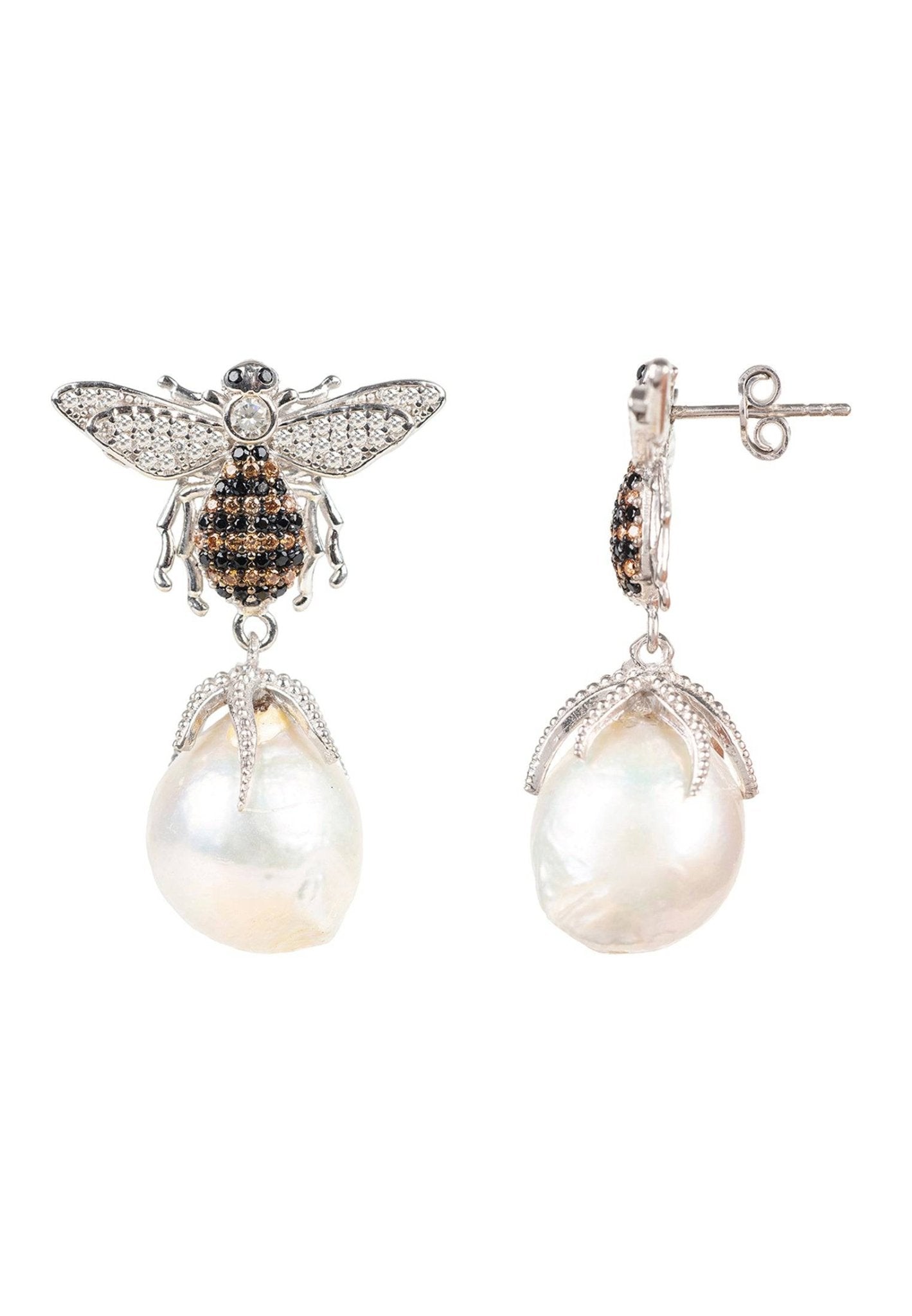 Baroque Pearl Honey Bee Drop Earrings in Silver featuring unique baroque pearls and cubic zirconia, showcasing a bee design.