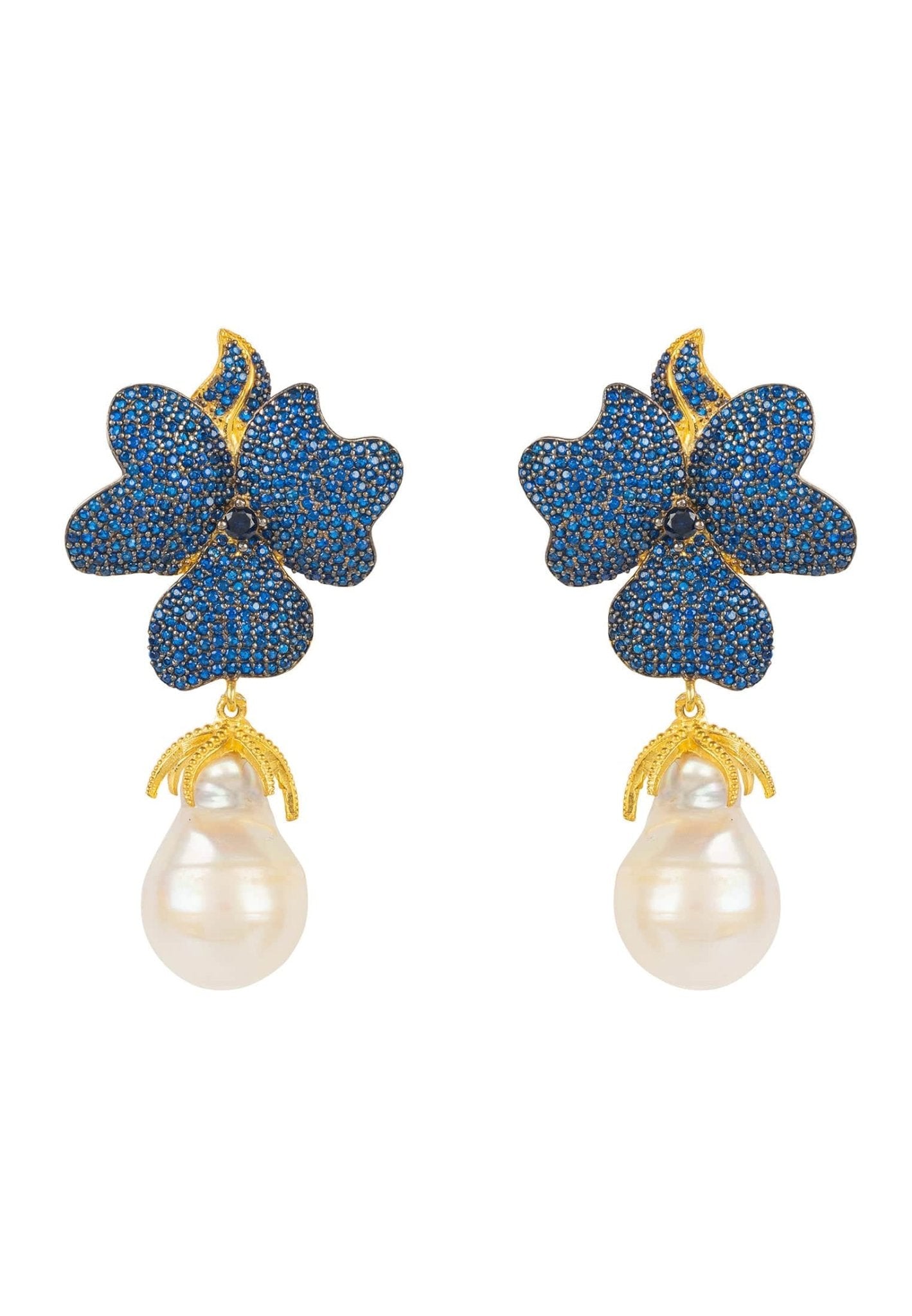 Elegant Baroque Pearl Sapphire Blue Flower Earrings featuring floral tops and hanging baroque pearls, dipped in 22ct gold.