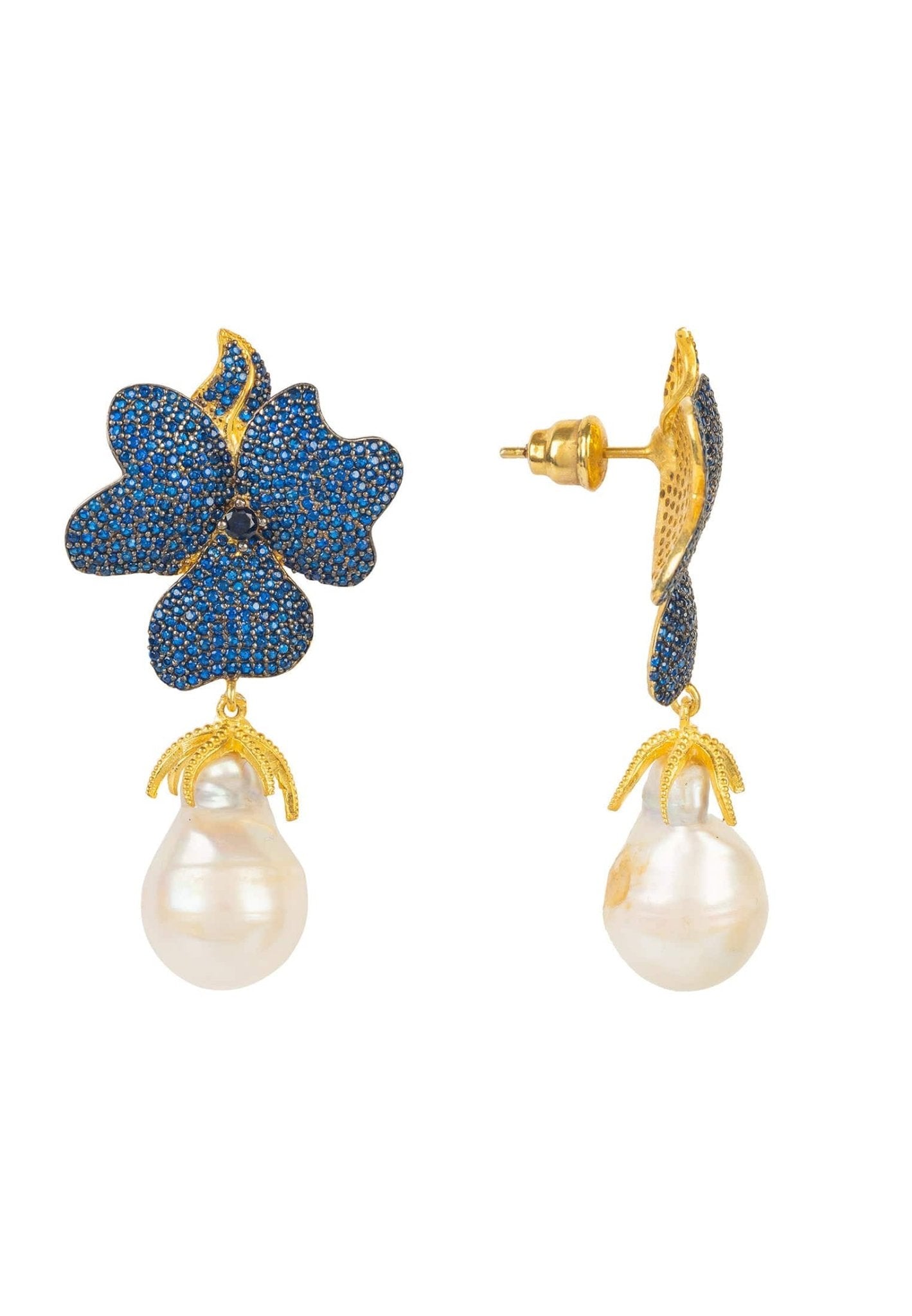 Elegant Baroque Pearl Sapphire Blue Flower Earrings featuring floral tops and hanging baroque pearls, dipped in 22ct gold.