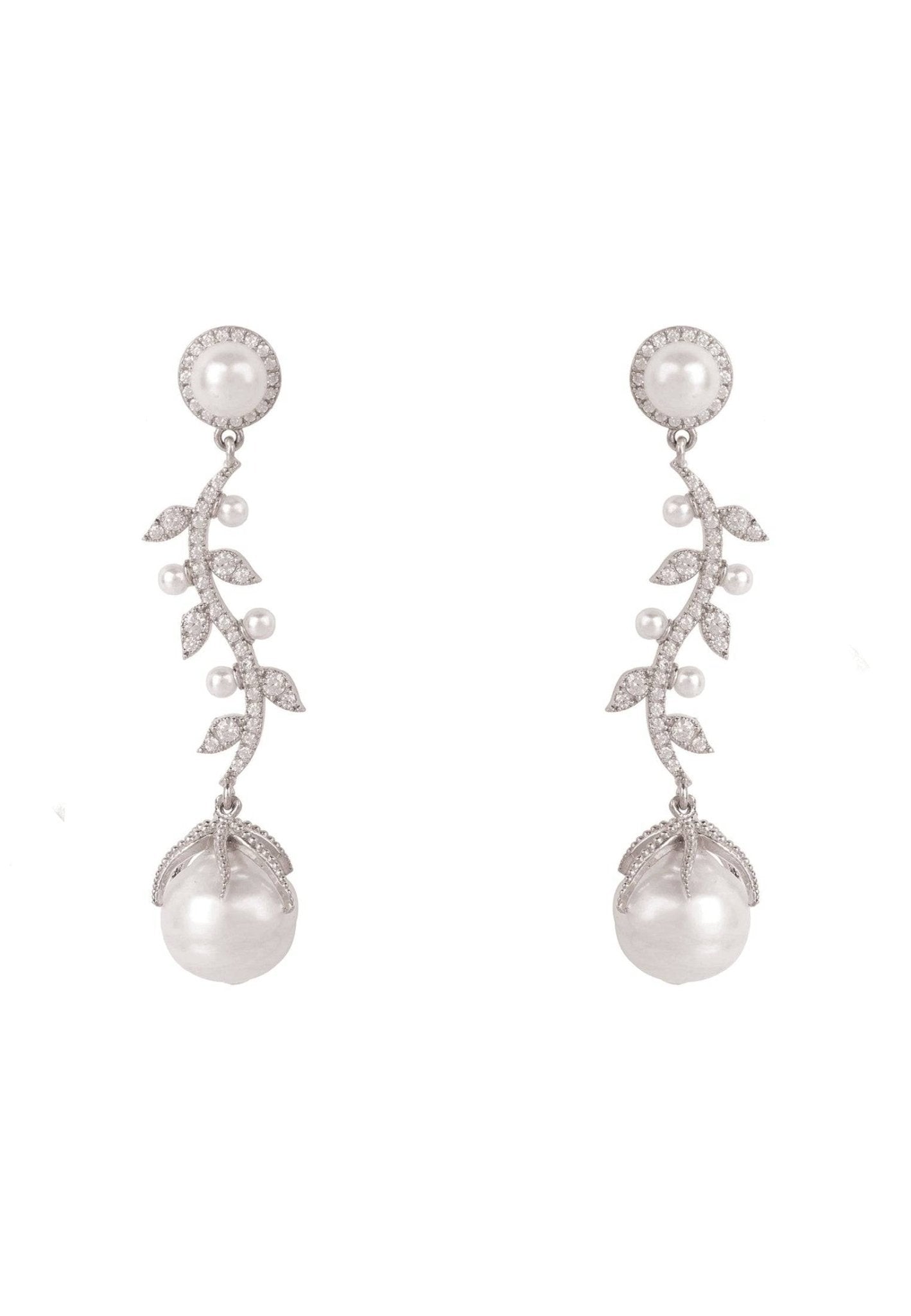 Baroque Pearl Trailing Flowers Earrings in Silver featuring unique baroque pearls and sparkling cubic zirconia stones, elegantly designed for any occasion.