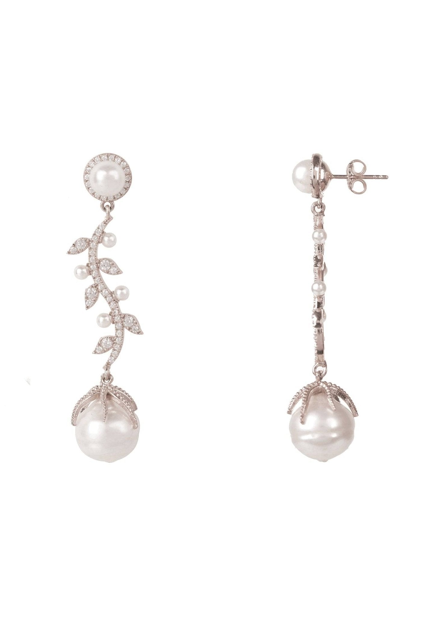 Baroque Pearl Trailing Flowers Earrings in Silver featuring unique baroque pearls and sparkling cubic zirconia stones, elegantly designed for any occasion.