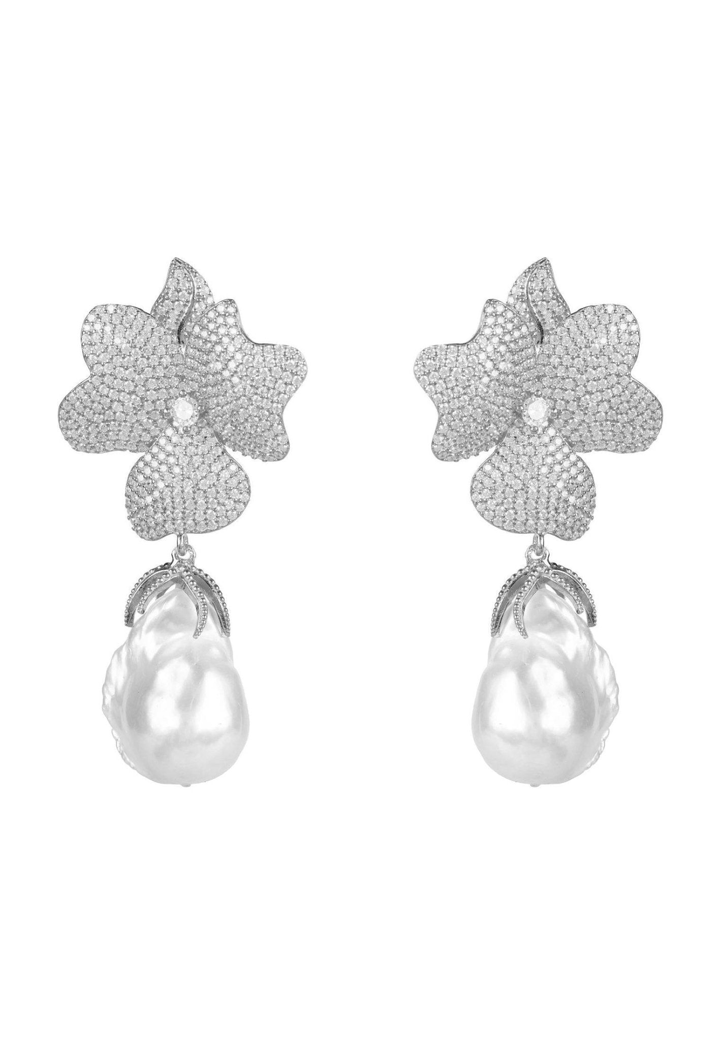 Baroque Pearl White Flower Drop Earrings in silver featuring floral tops and hanging baroque pearls.