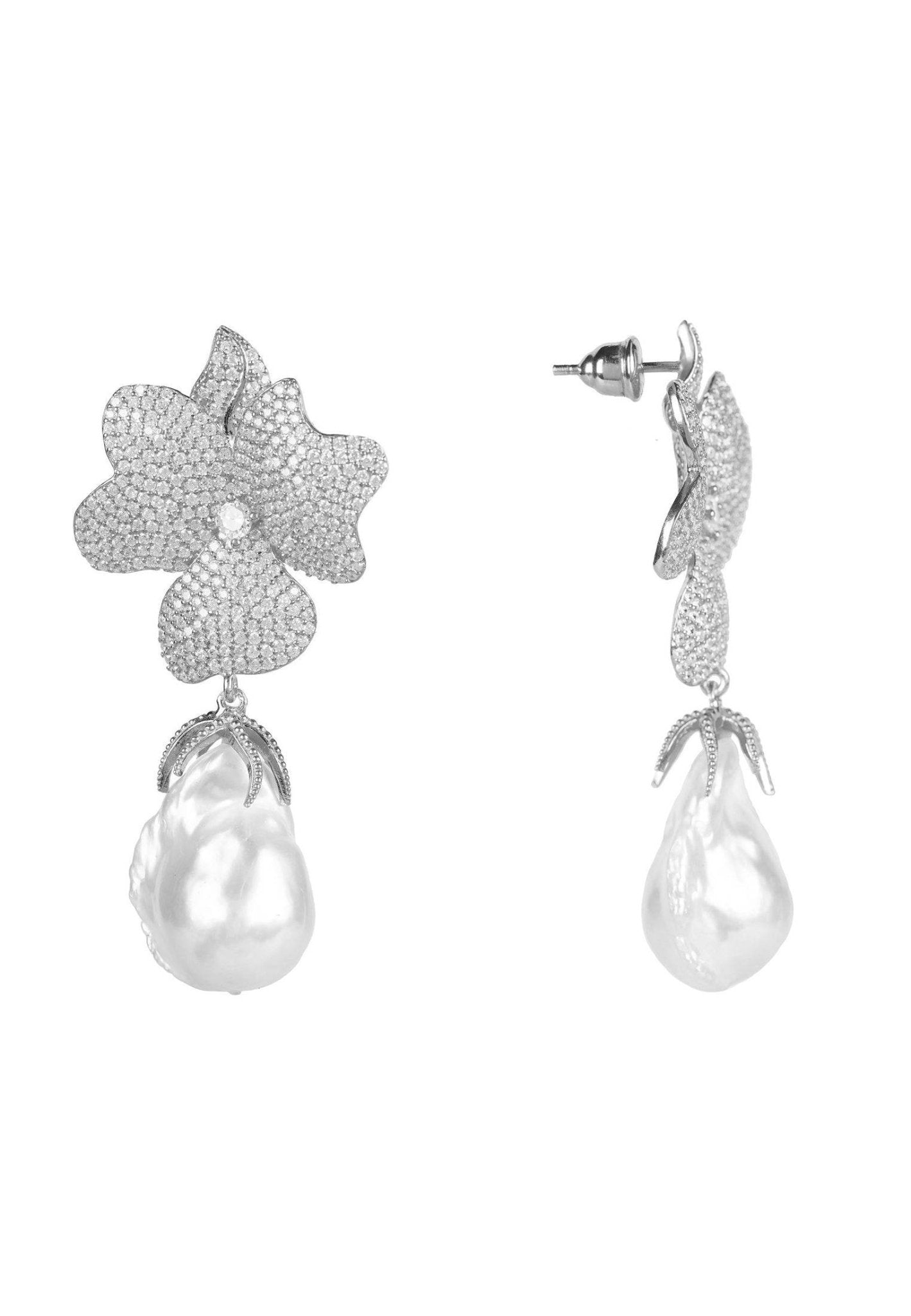 Baroque Pearl White Flower Drop Earrings in silver featuring floral tops and hanging baroque pearls.