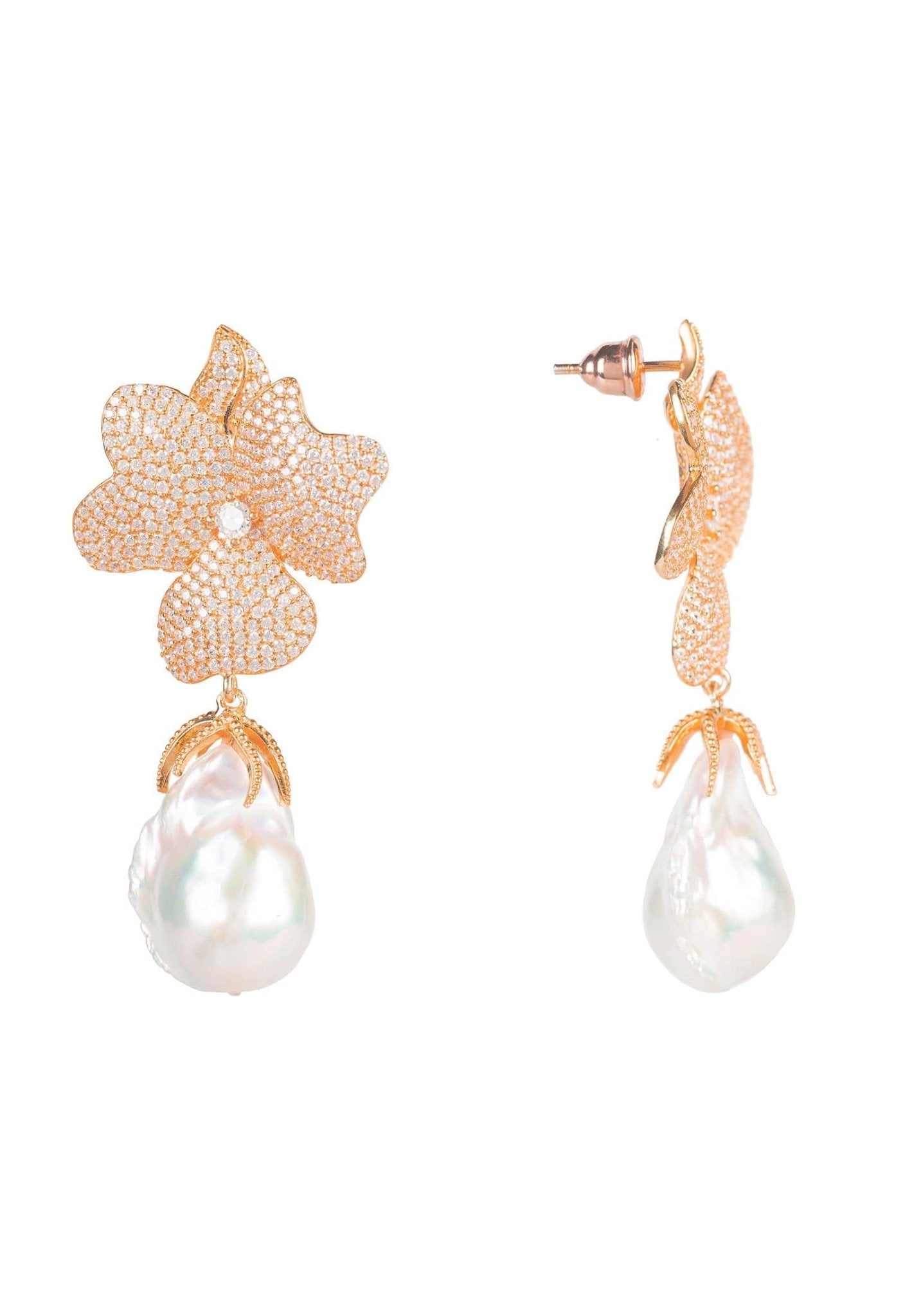 Baroque Pearl White Flower Drop Earrings featuring floral tops and sparkling cubic zirconia, crafted in rosegold.